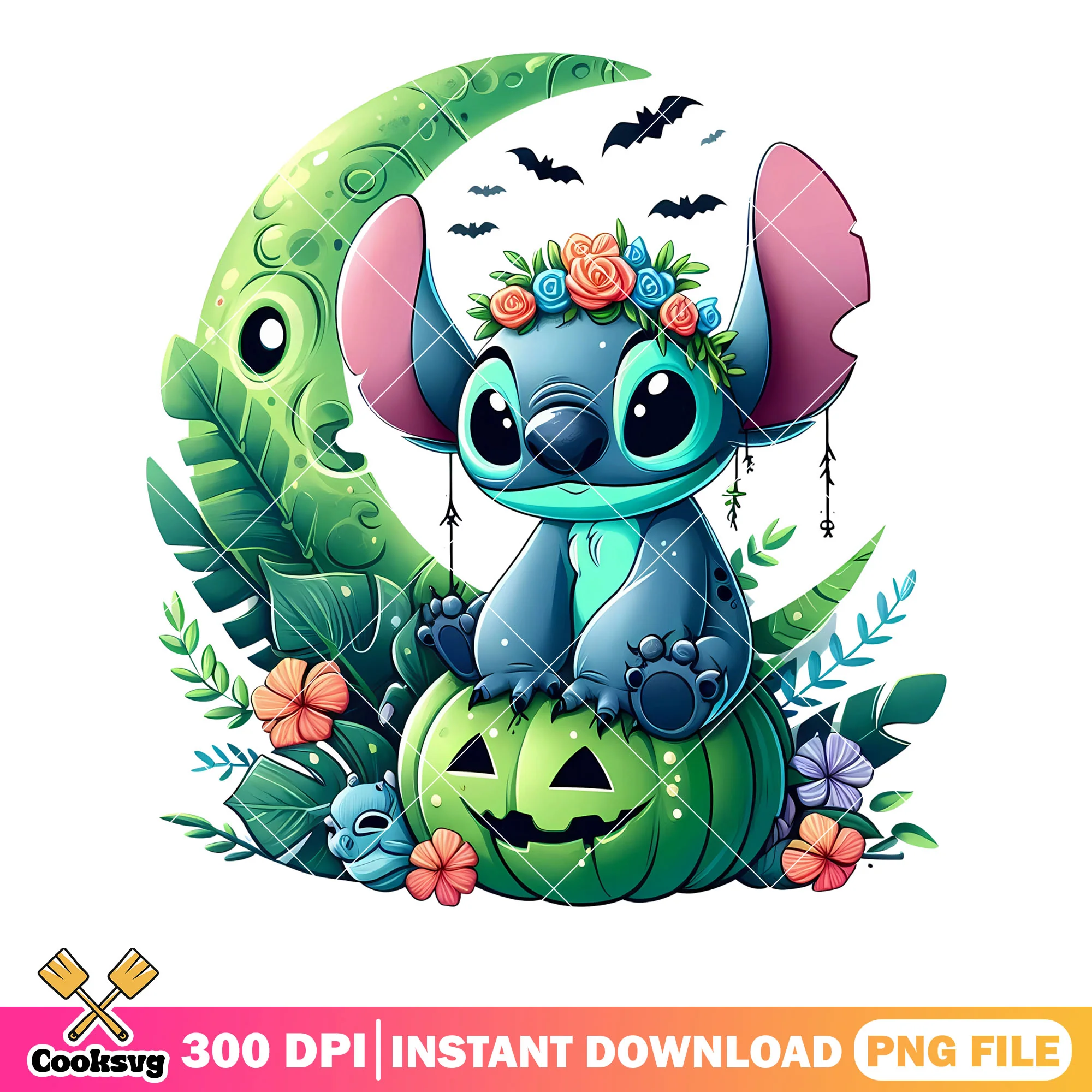 Green cresent moon png, jack o lantern png, garland flower stitch png