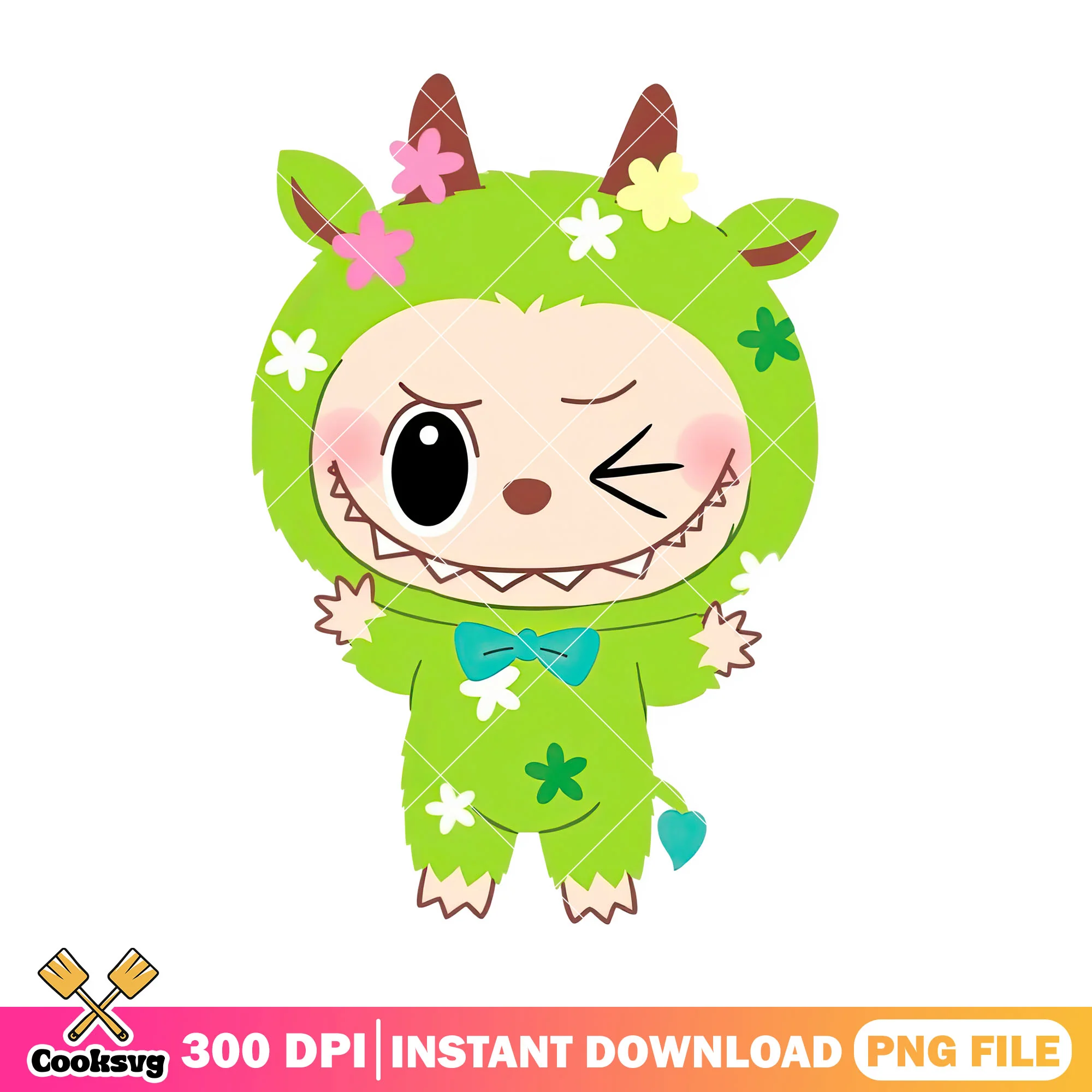 Green labubu happy png, labubu outfit png, labubu popmart png