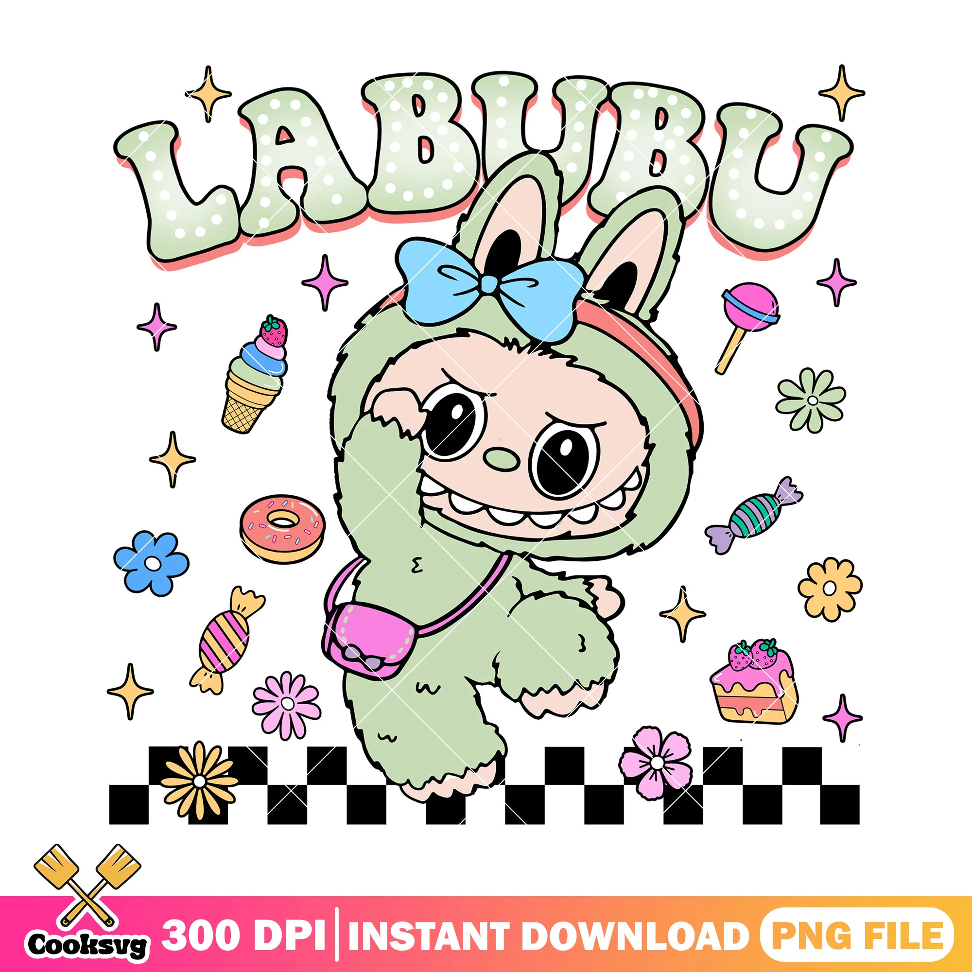 Green labubu monster png, labubu girl png, labubu happy png
