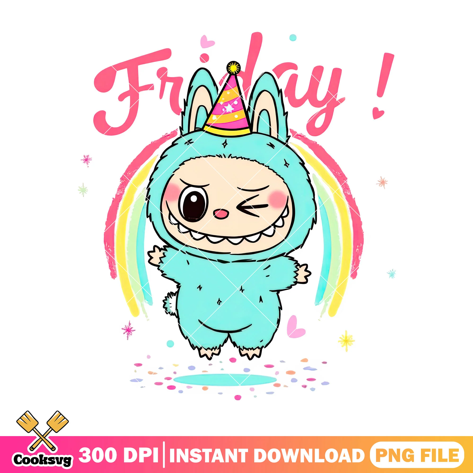 Green labubu with friday png, labubu hat png, labubu plush png