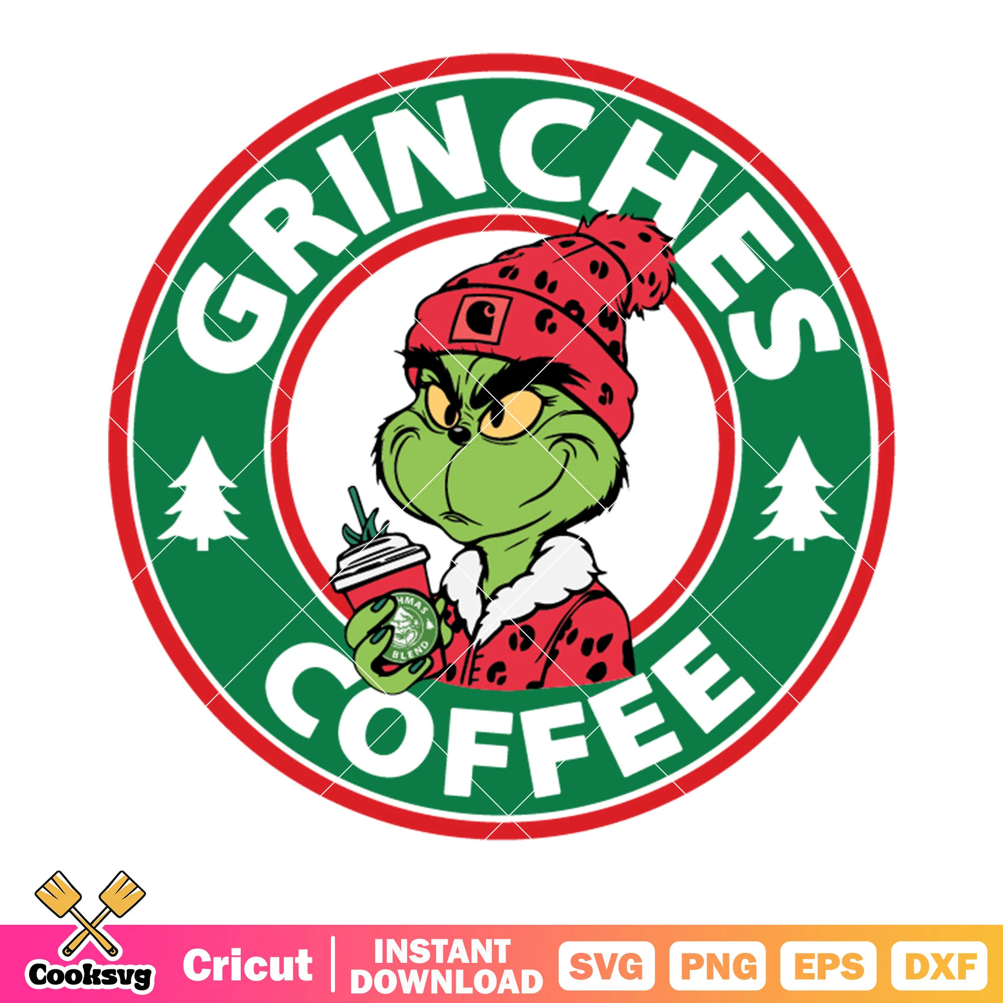 Grinch coffee pine tree svg, red beanie svg, red fur jacket svg
