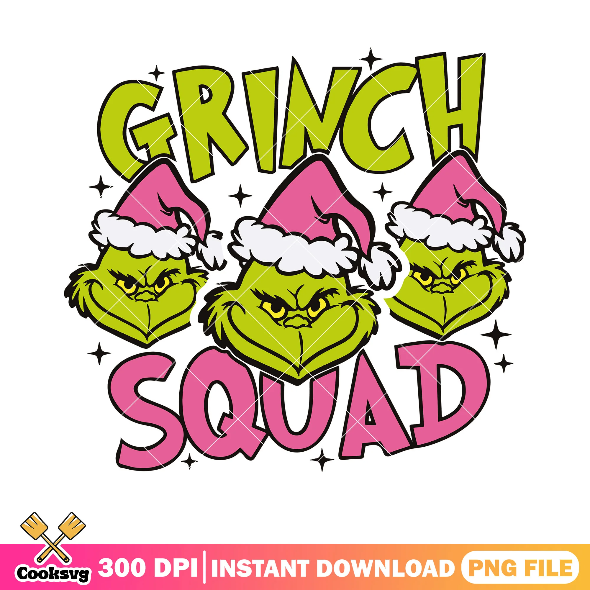 Grinch squad funny png, pink santa hat png, three grinch santa png