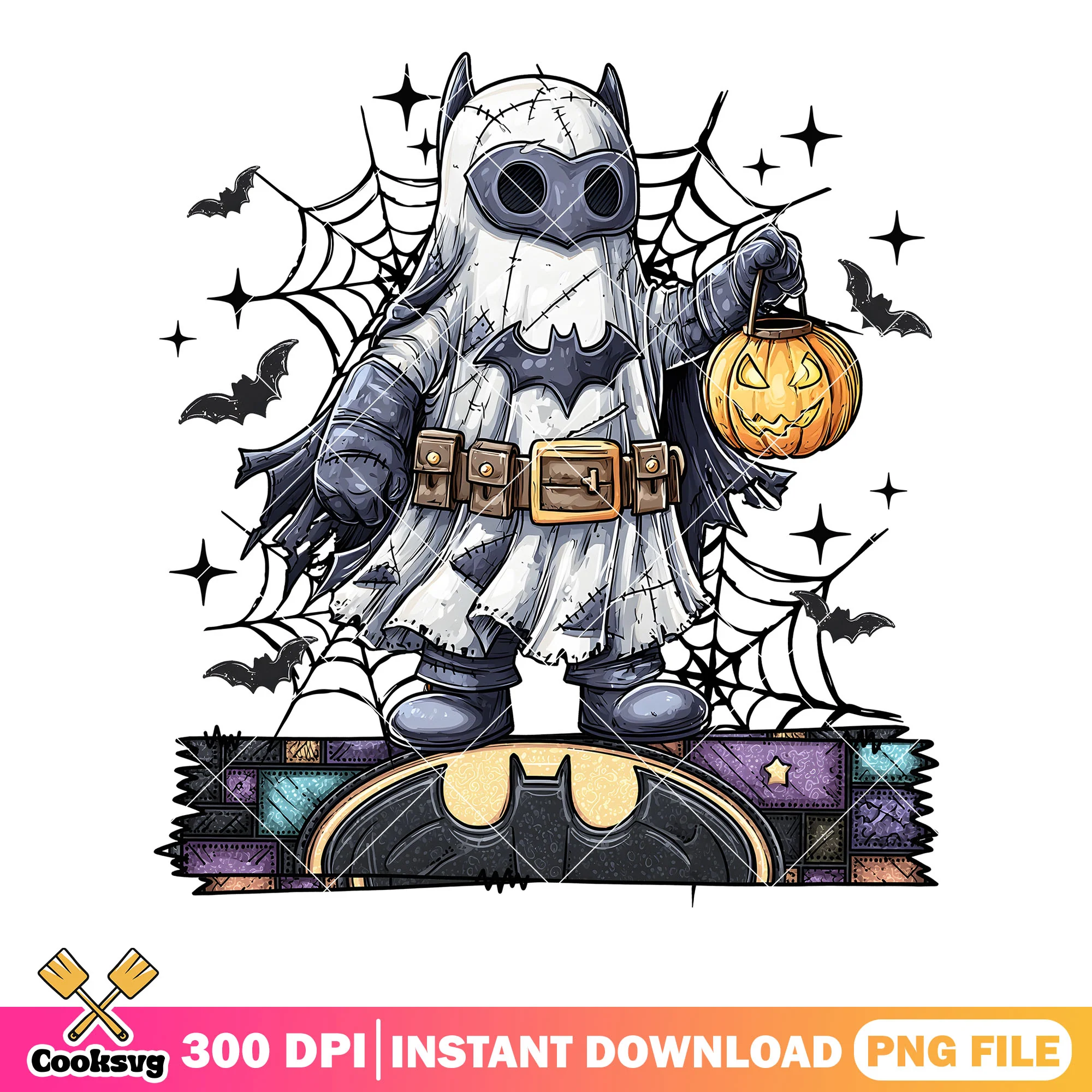 Halloween batman ghost png, pumpkin halloween png, cute chibi png