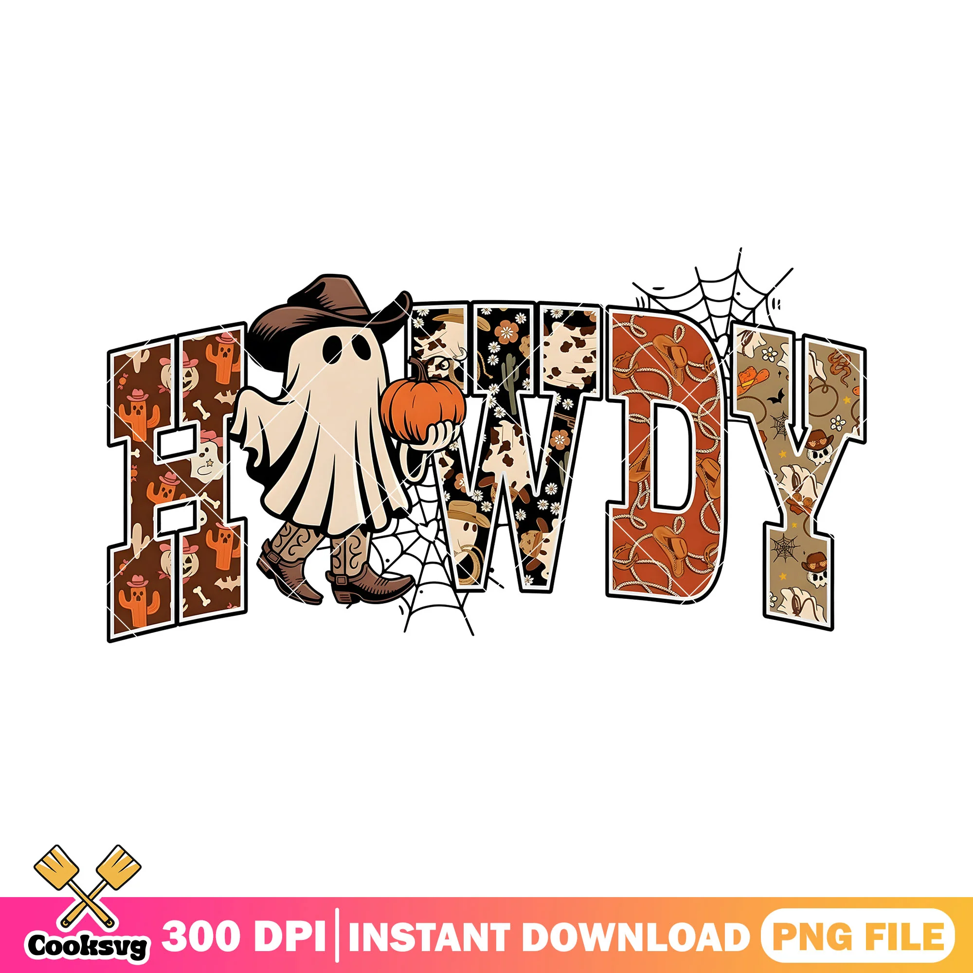 Halloween costume night png, scary pumpkin png, cowboy hat png