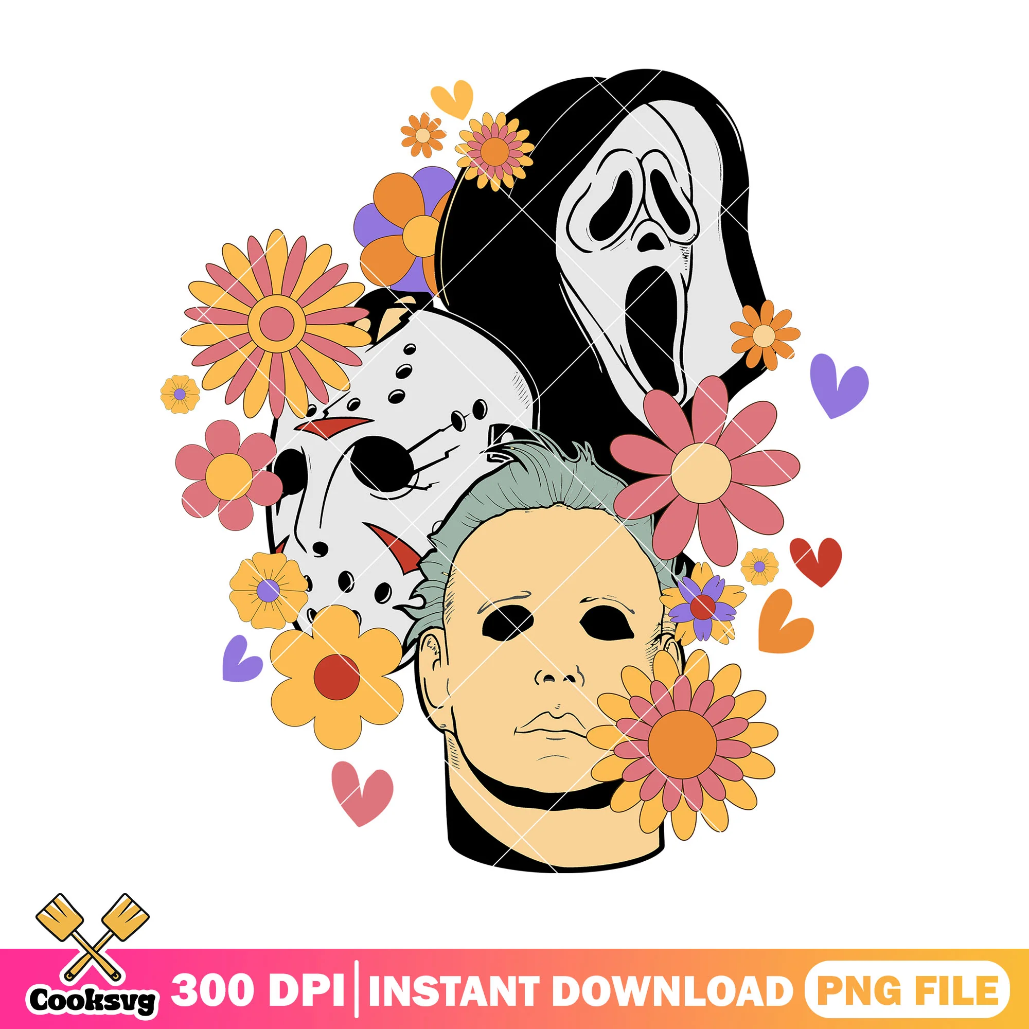 Halloween floral scream characters design png, horror movies png