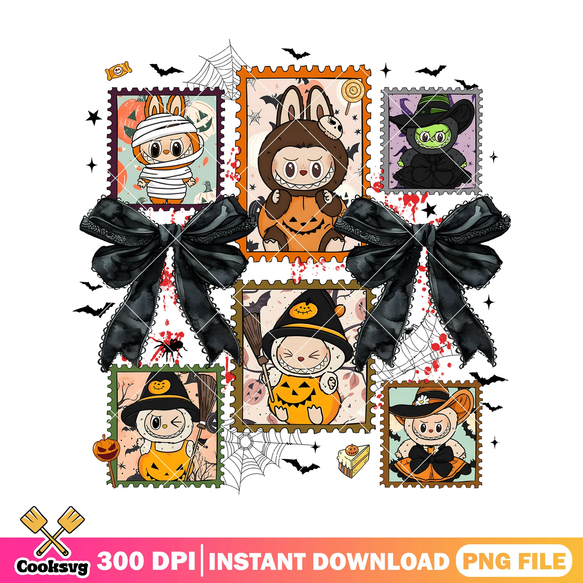 Halloween horror stamps png, labubu stamps png, horror labubu png