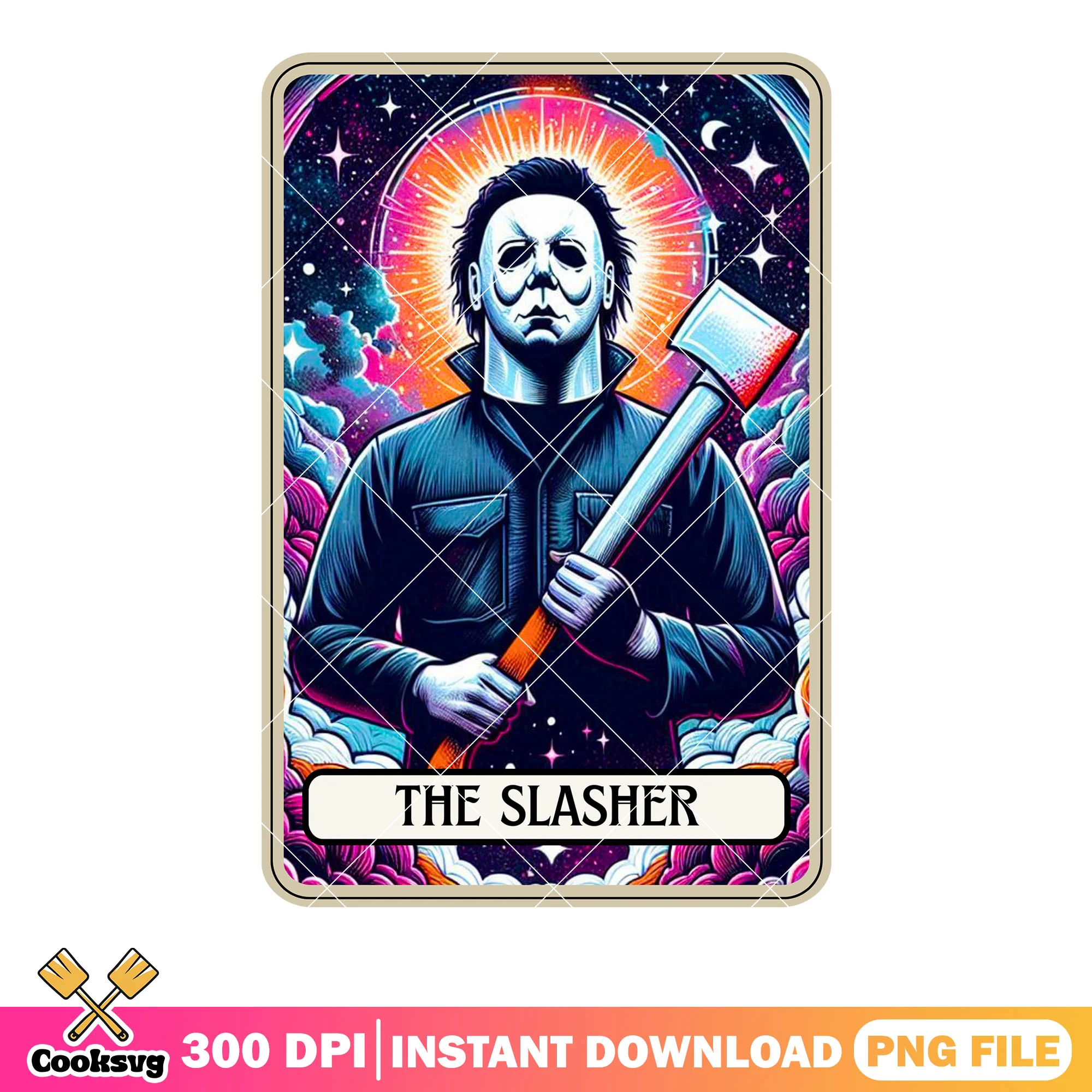 Hammer bloody galaxy card png, michael myers png, stary night png