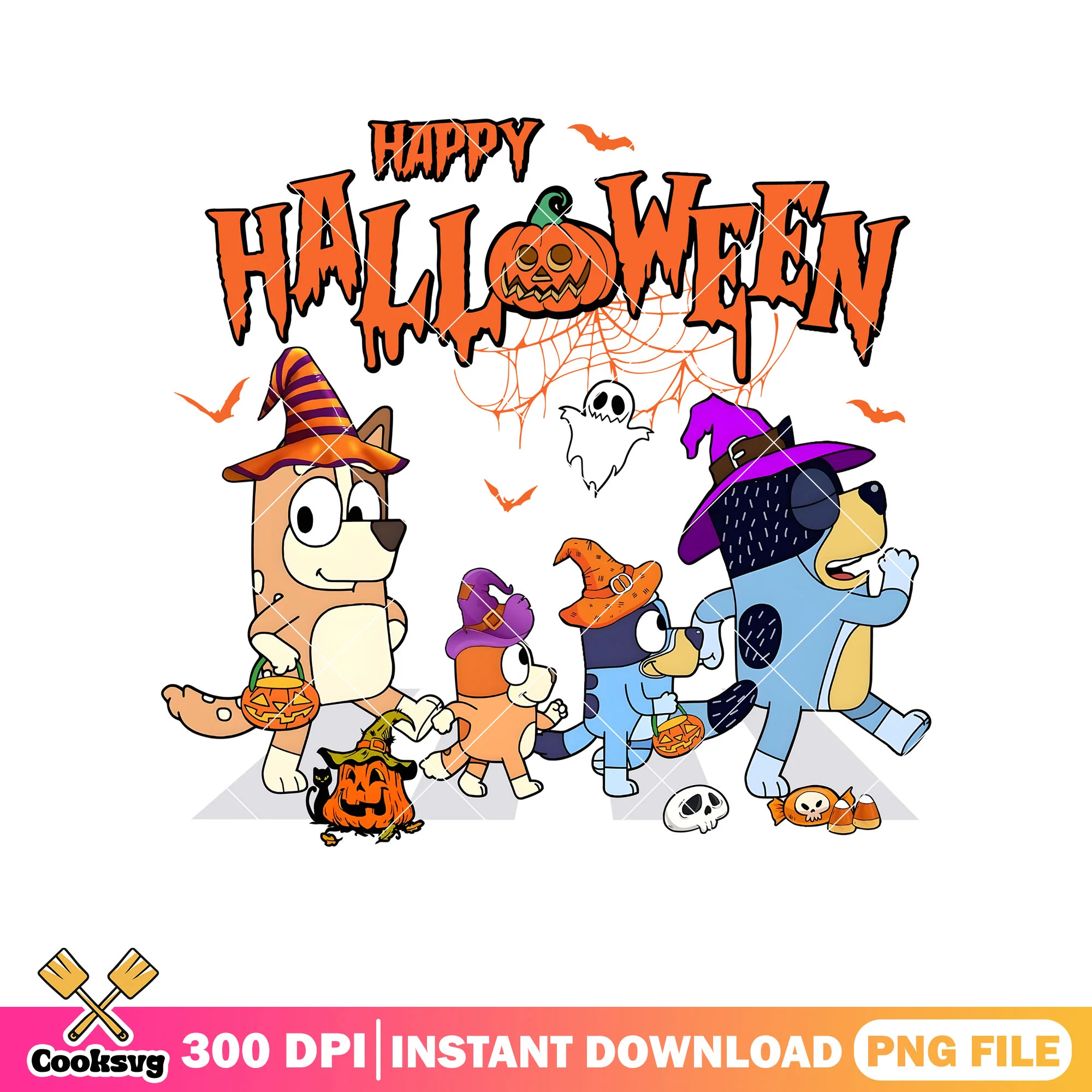 Happy halloween family bluey png, catoon bluey png, bluey halloween figures png