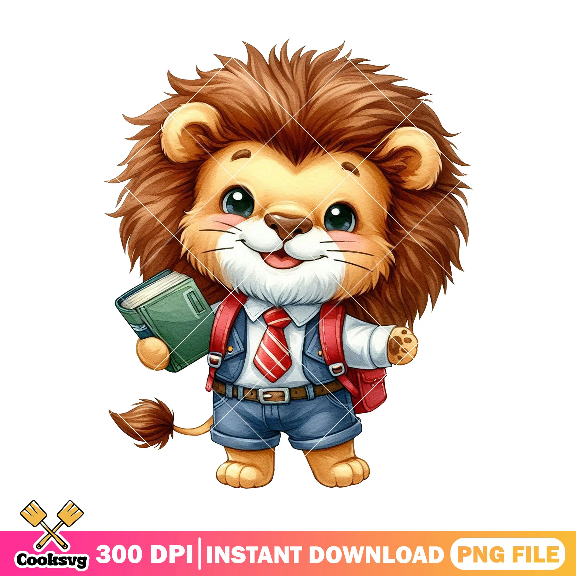 Happy lion chibi design png, lion cute png, back to school student png