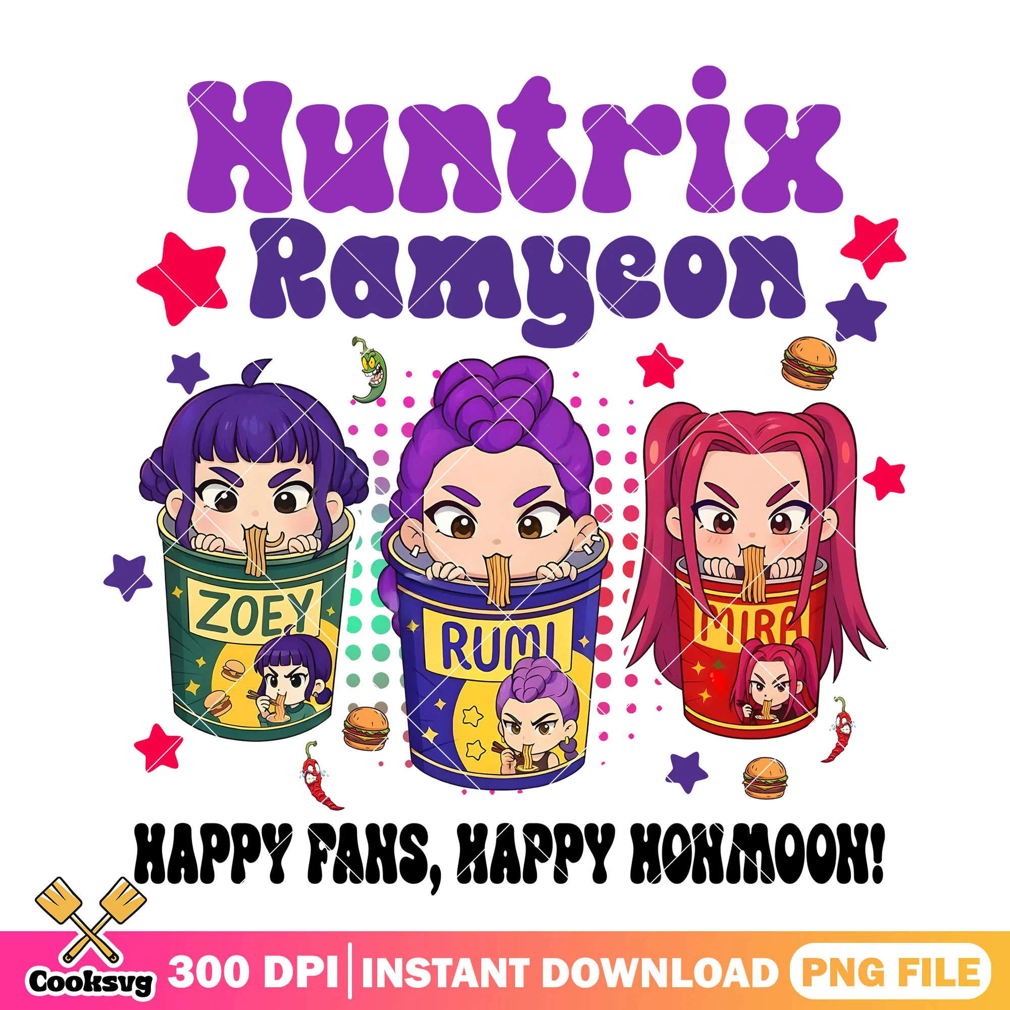 Happy ramyeon girl png, huntrix ramyeon png, kpop huntrix png