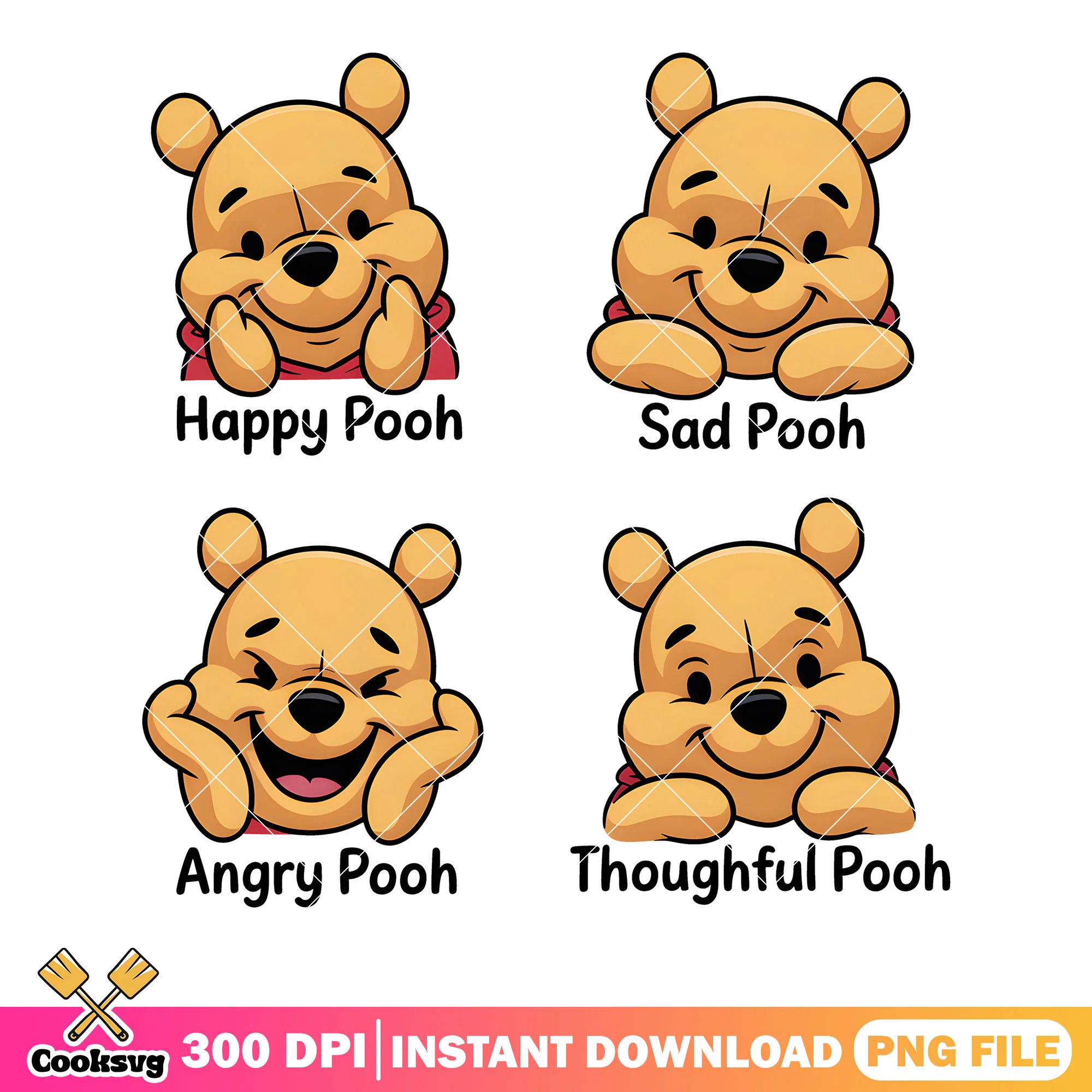 Happy sad angry thoughful pooh png, disney poster png, disney pooh png