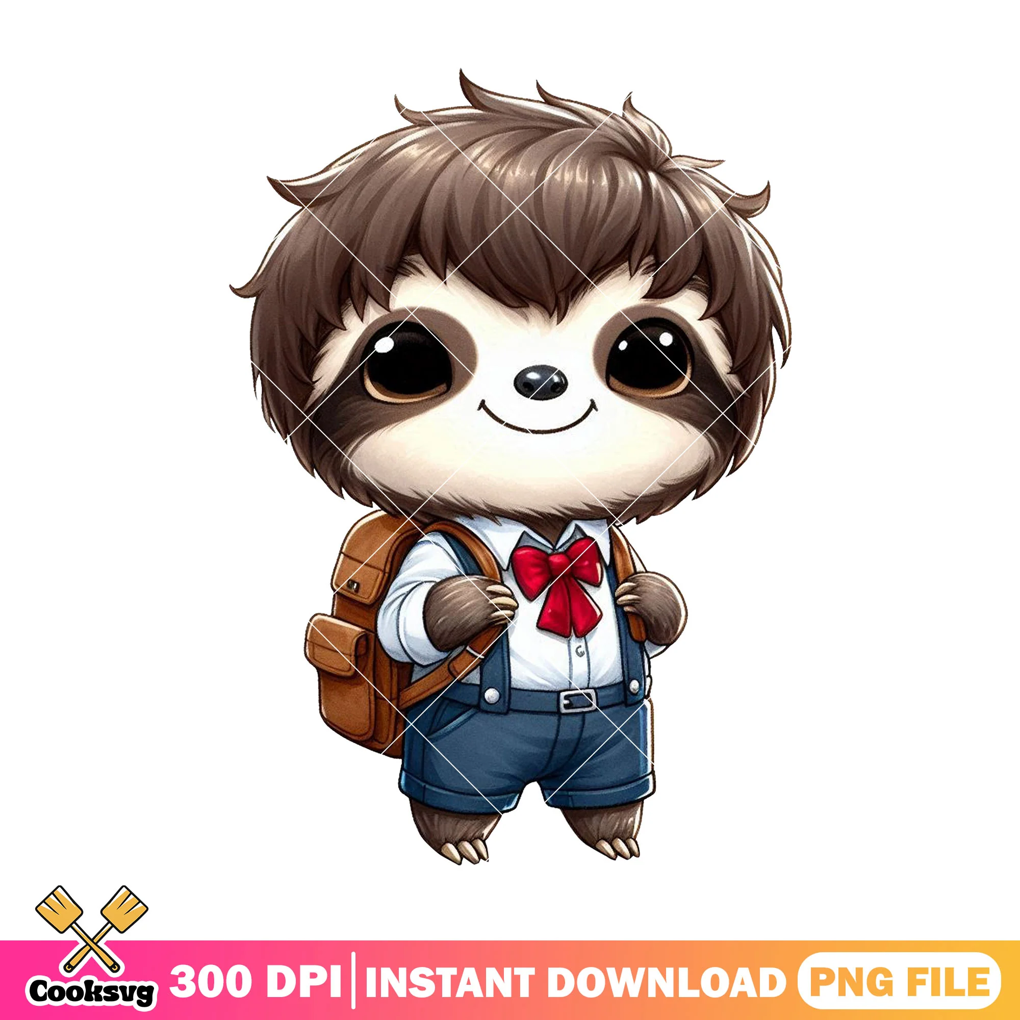 Happy sloth chibi png, sloth standing png, back to school outfit png