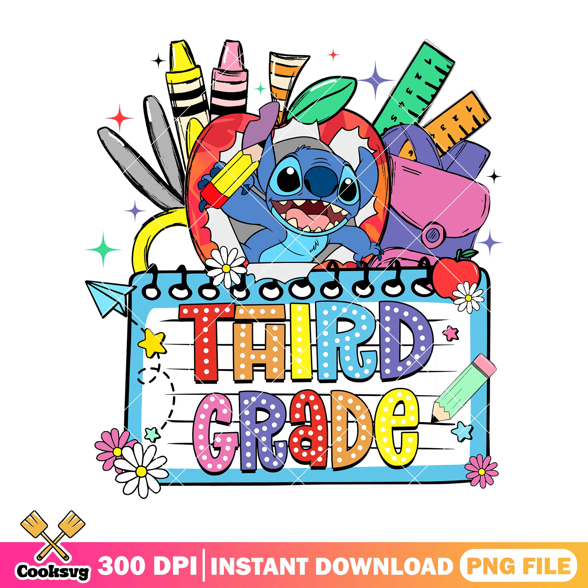 Happy third grade stitch png, stitch blue png, back to school idea png