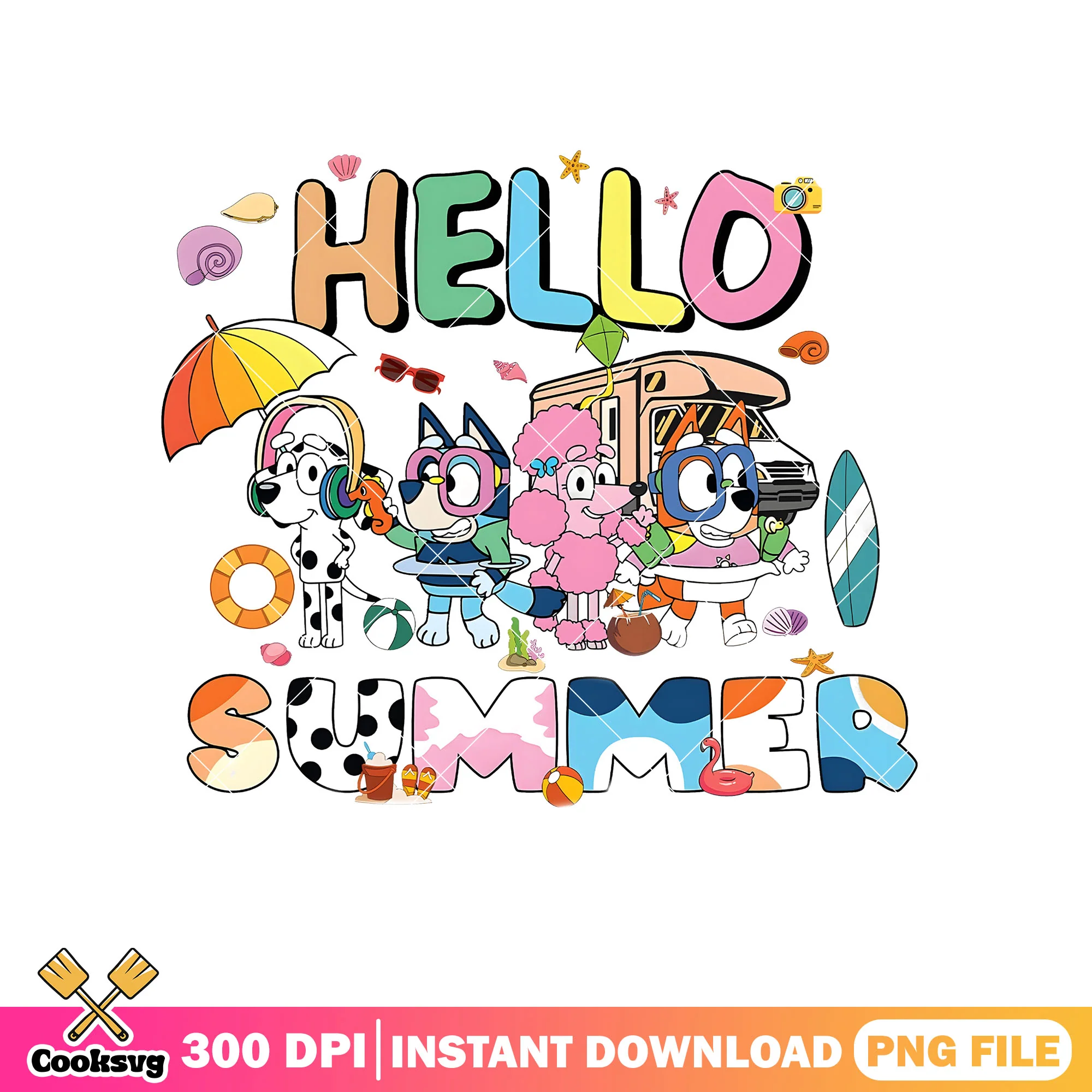 Hello summer bluey friends funny png, bluey summer png, bluey camp png