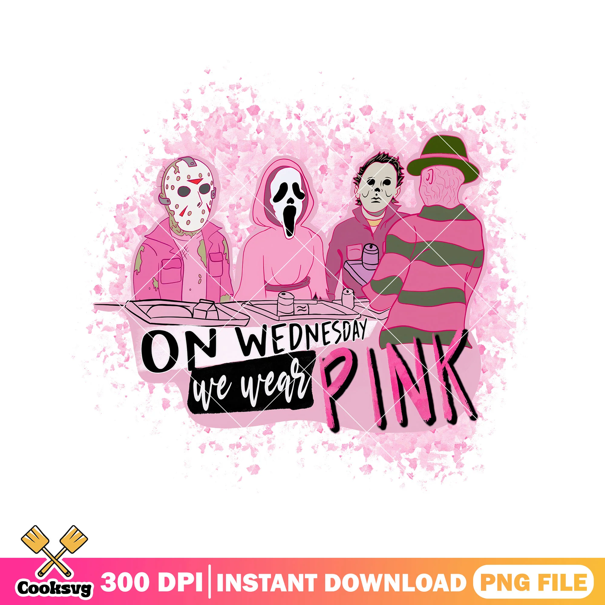 Horror characters on wednesday we wear pink png, happy valentine day png