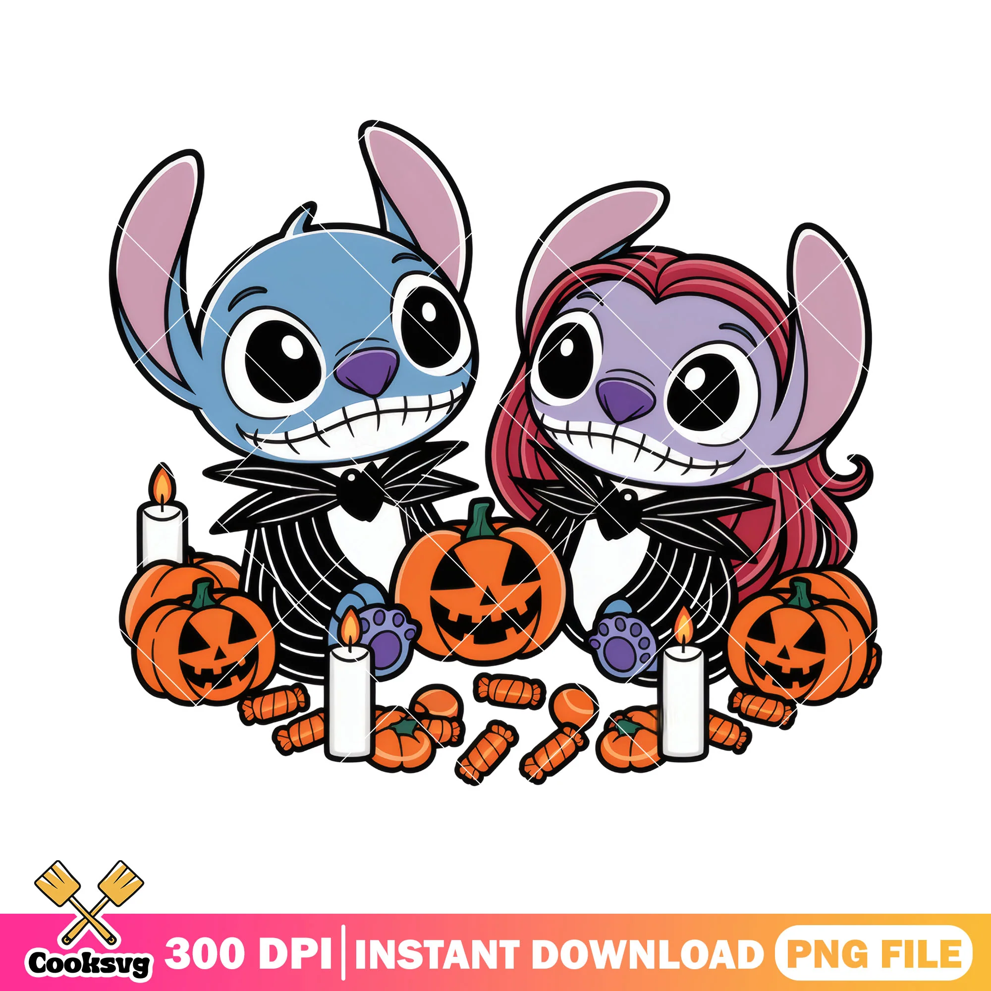 Horror stitch couple png, halloween stitch png, stitch blue png