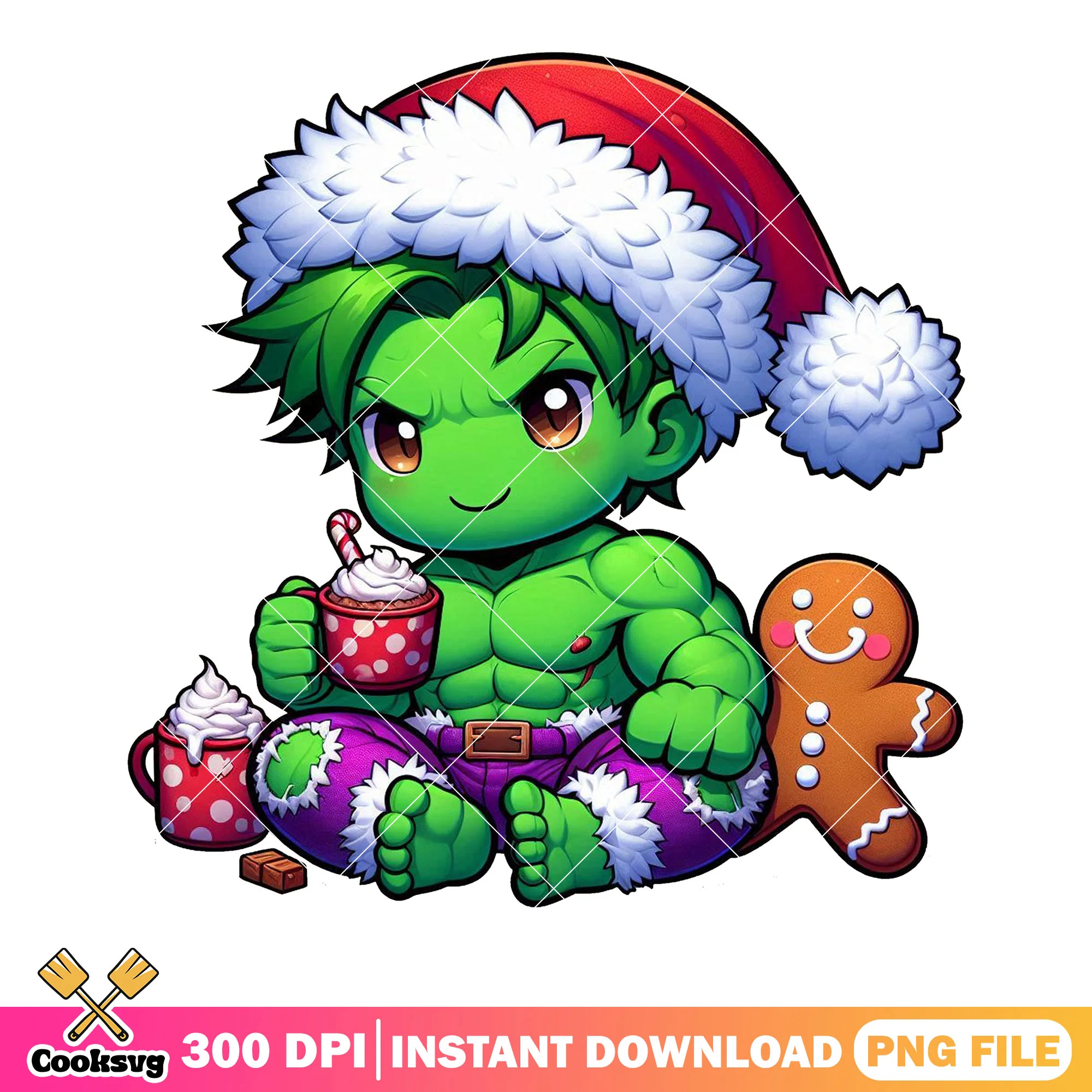 Hulk chibi christmas png, hulk mischievous png, hulk santa png