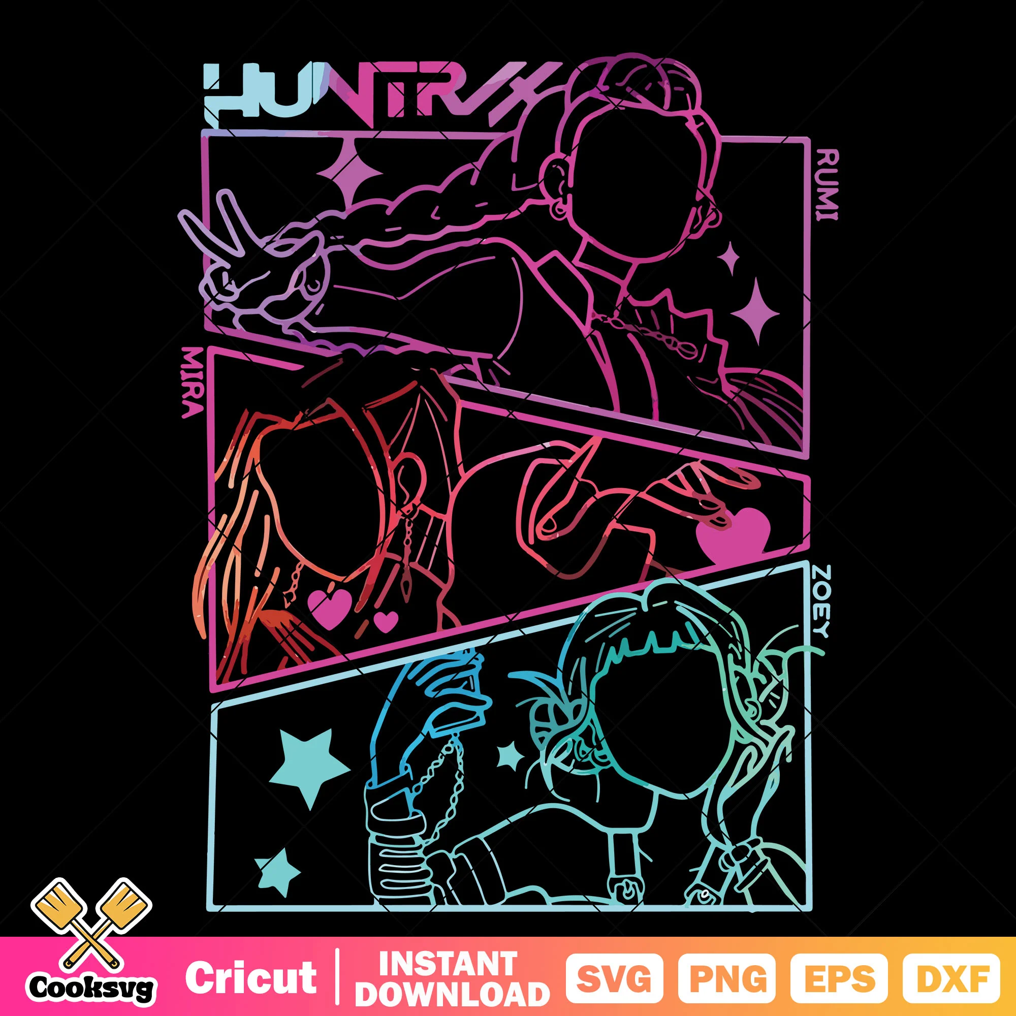 Huntrix colorful outline svg, huntrix netflix svg, kpop huntrix svg