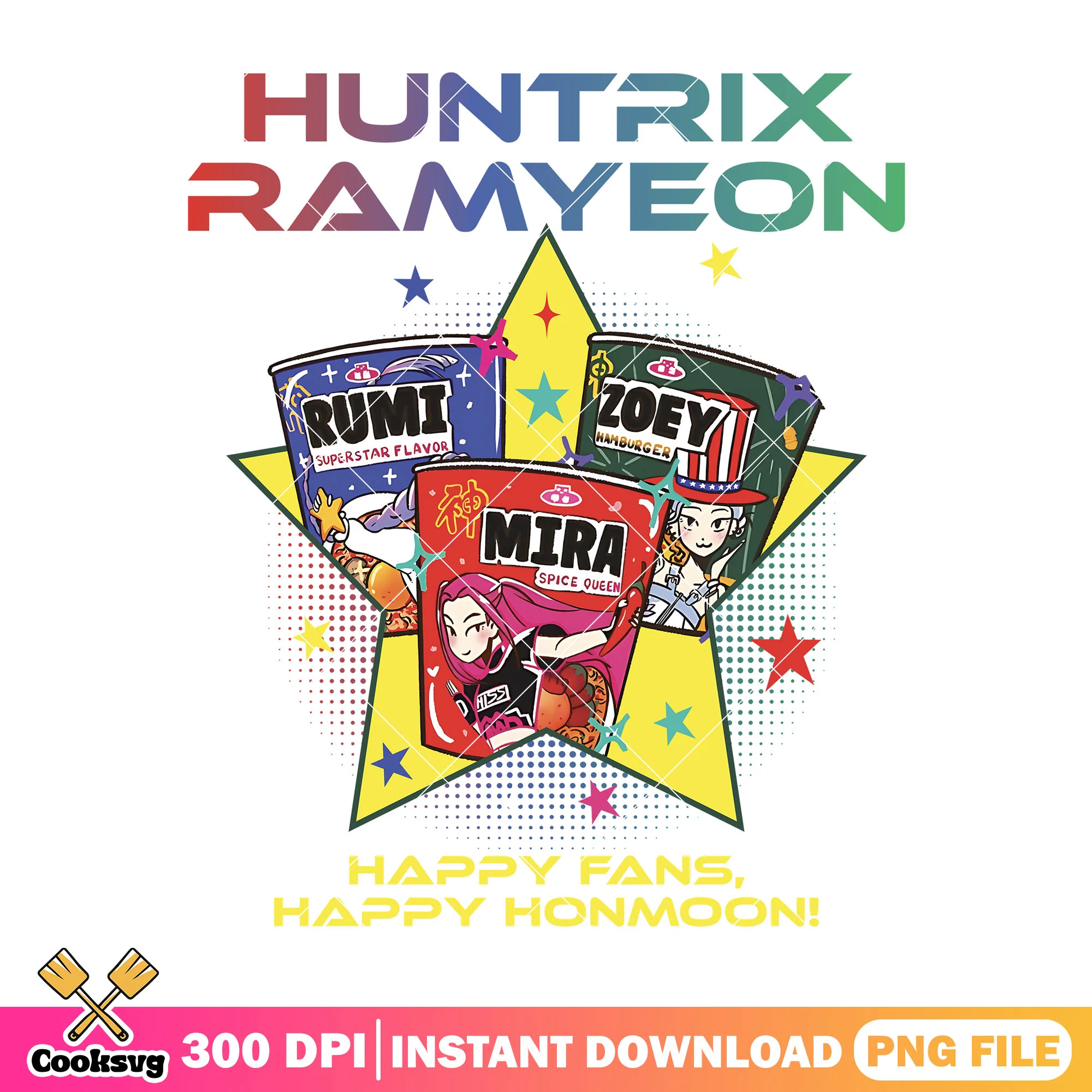 Huntrix happy honmoon png, huntrix ramyeon png, kpop huntrix png