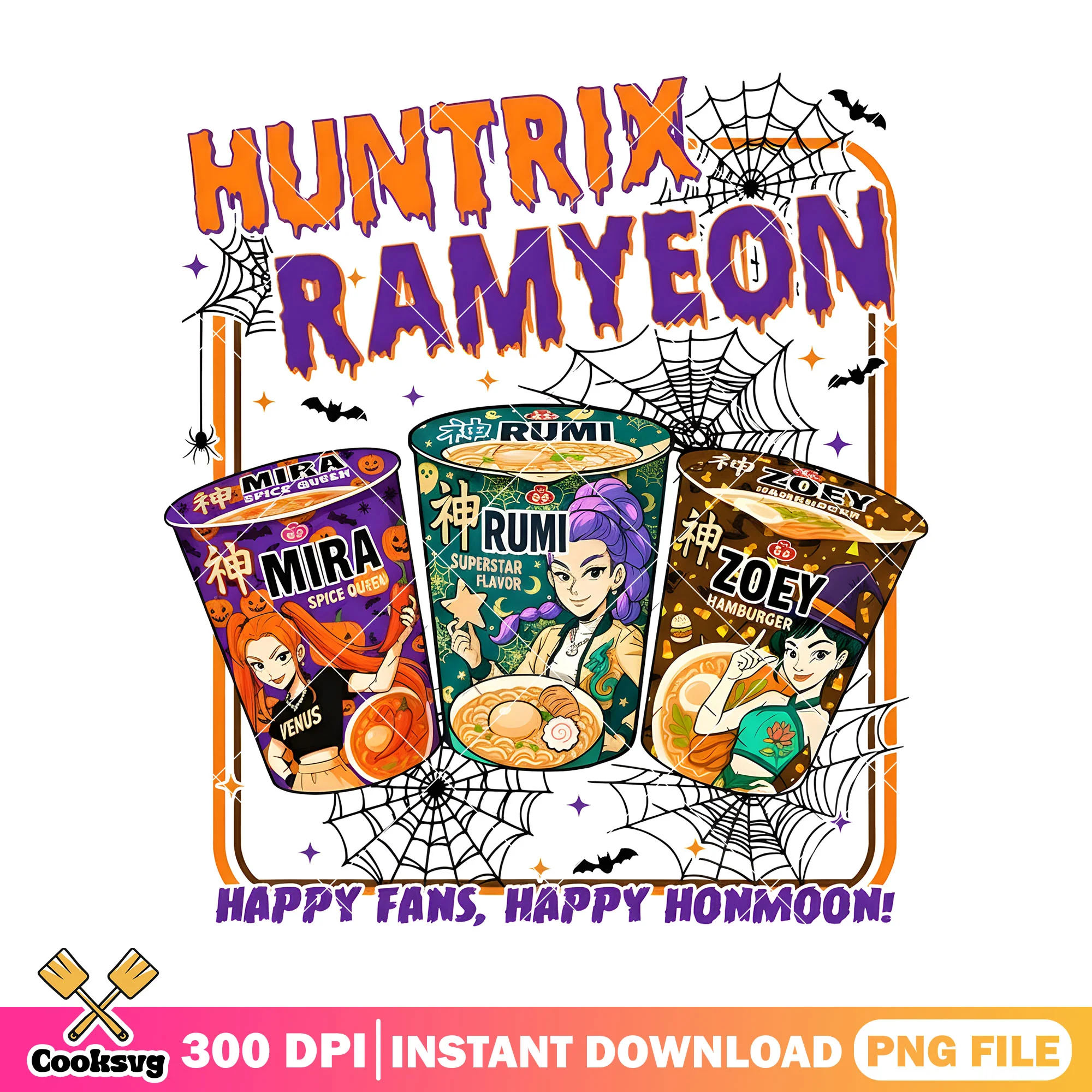 Huntrix ramyeon halloween png, huntrix kpop png, happy fans png