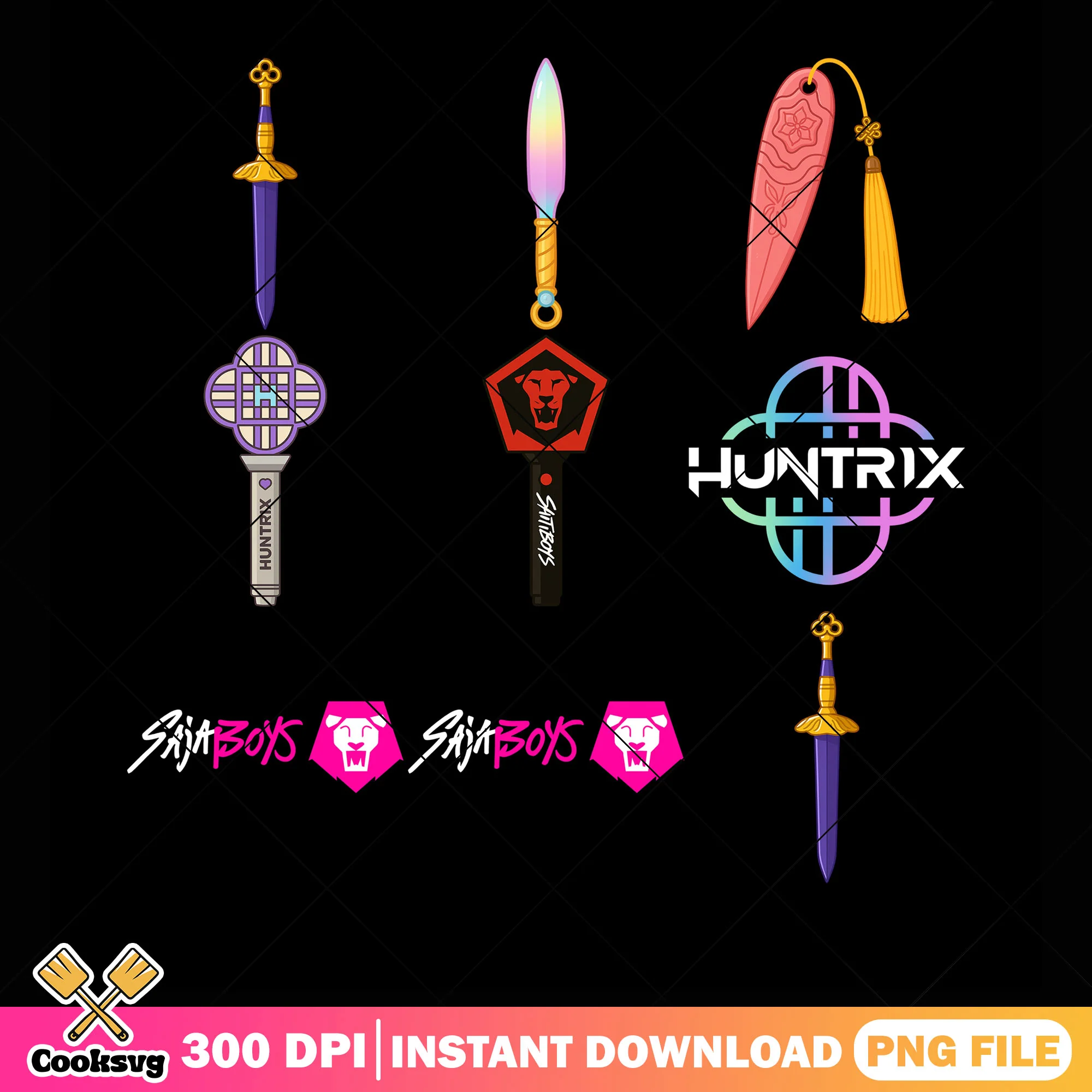 Huntrix weapon png bundle, saja boys logo png, kpop huntrix png