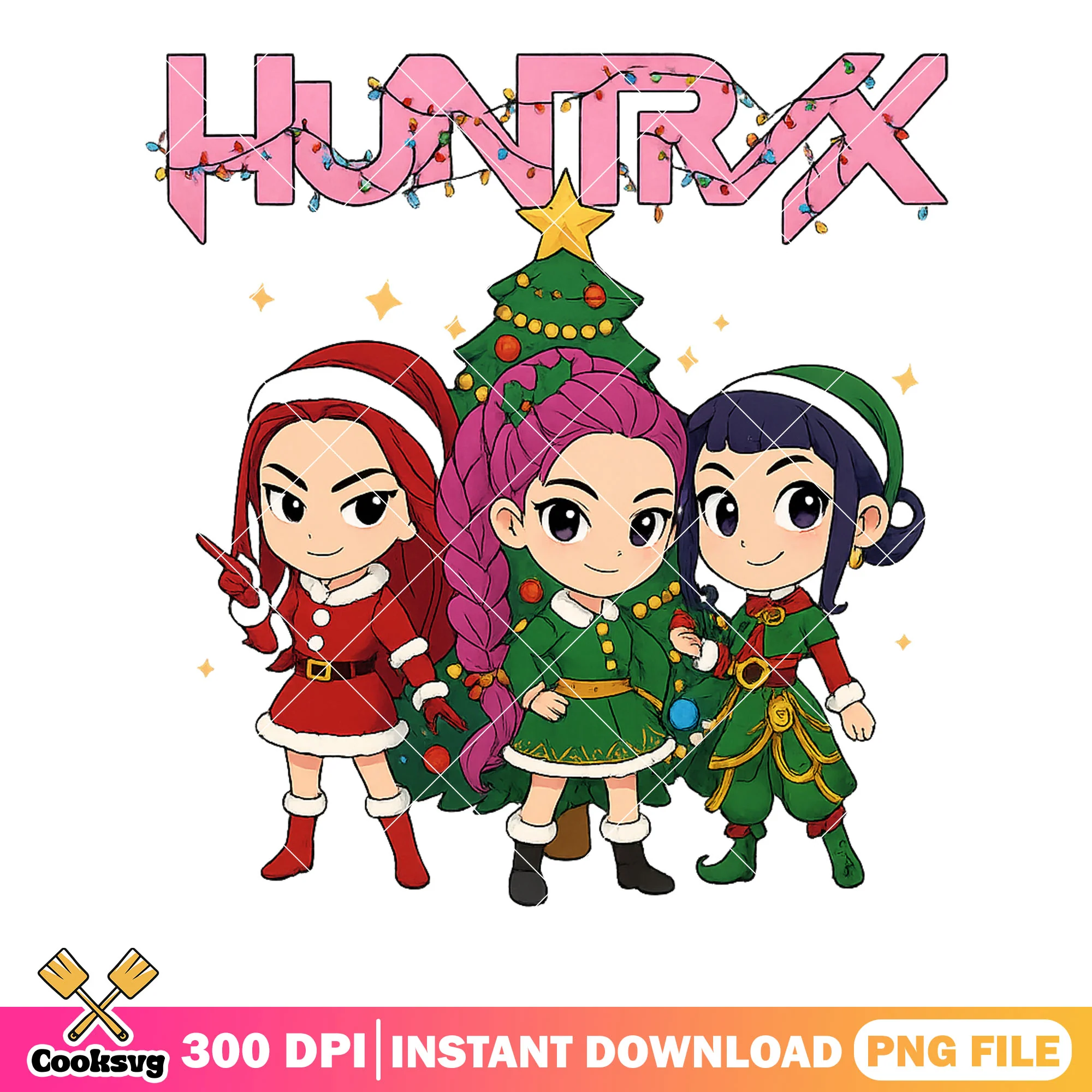 Hutrix christmas chibi version png, huntrix png, christmas tree png