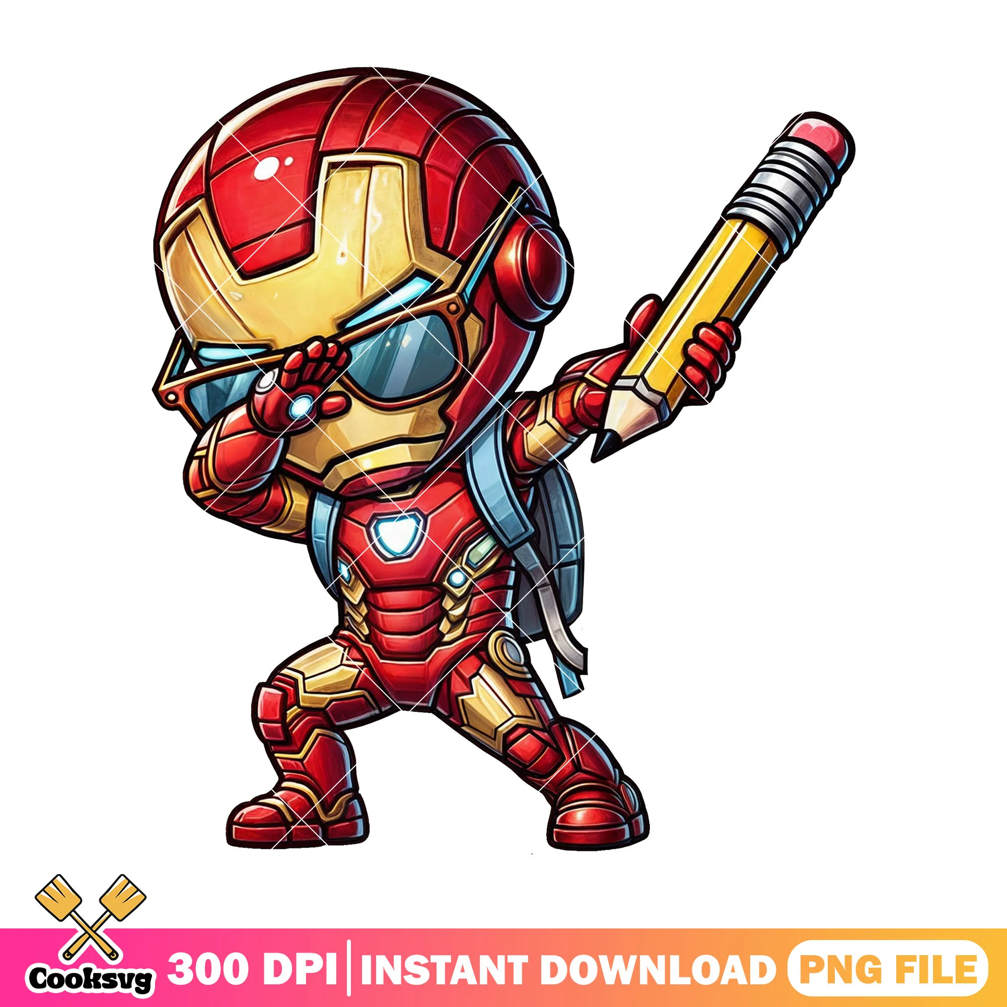 Iron man chibi big pencil png, happy back to school png, marvel png