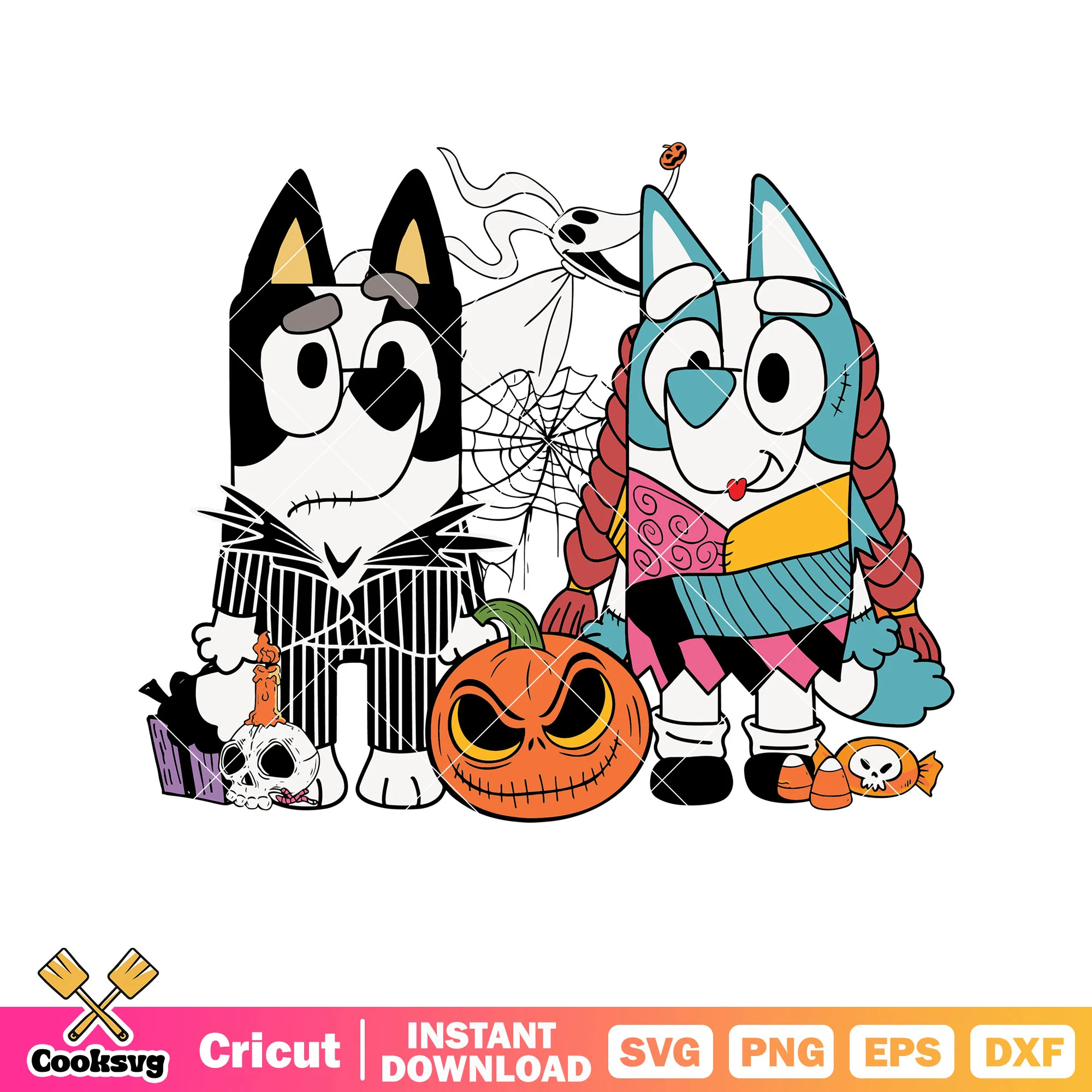 Jack and sally with bluey halloween svg, bluey funny svg, bluey halloween svg
