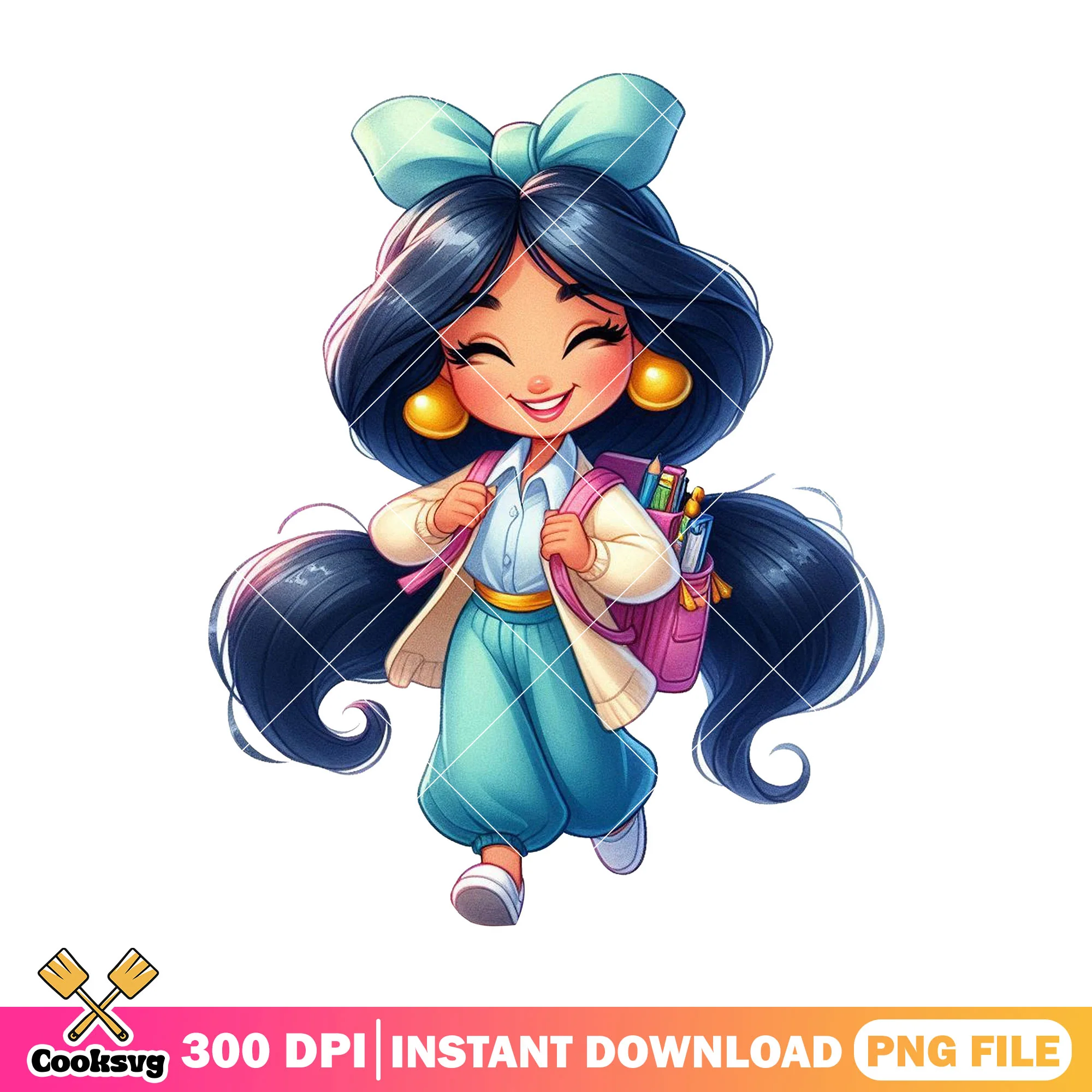 Jasmine chibi blue bow png, back to school outfit png, disney art png