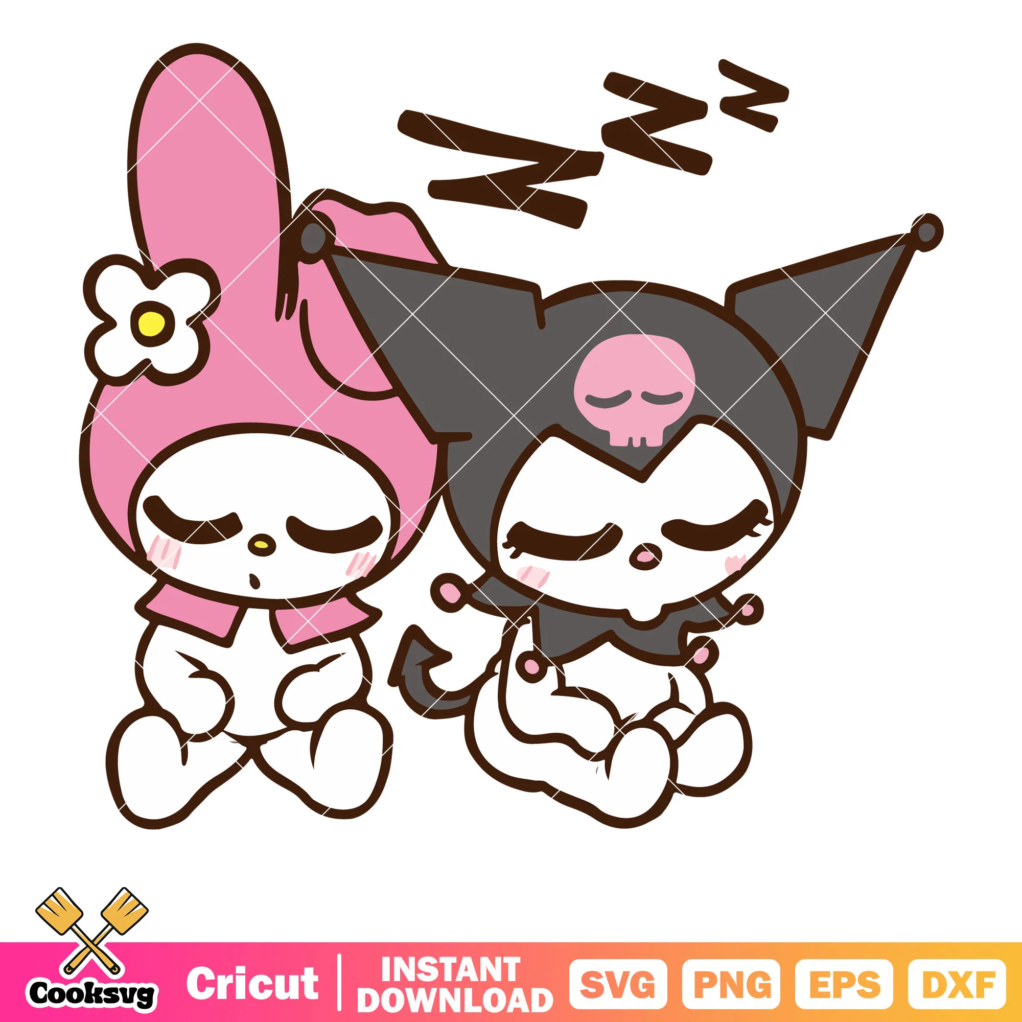 Kuromi and melody sleeping svg, hello kitty svg, sanrio cartoon svg