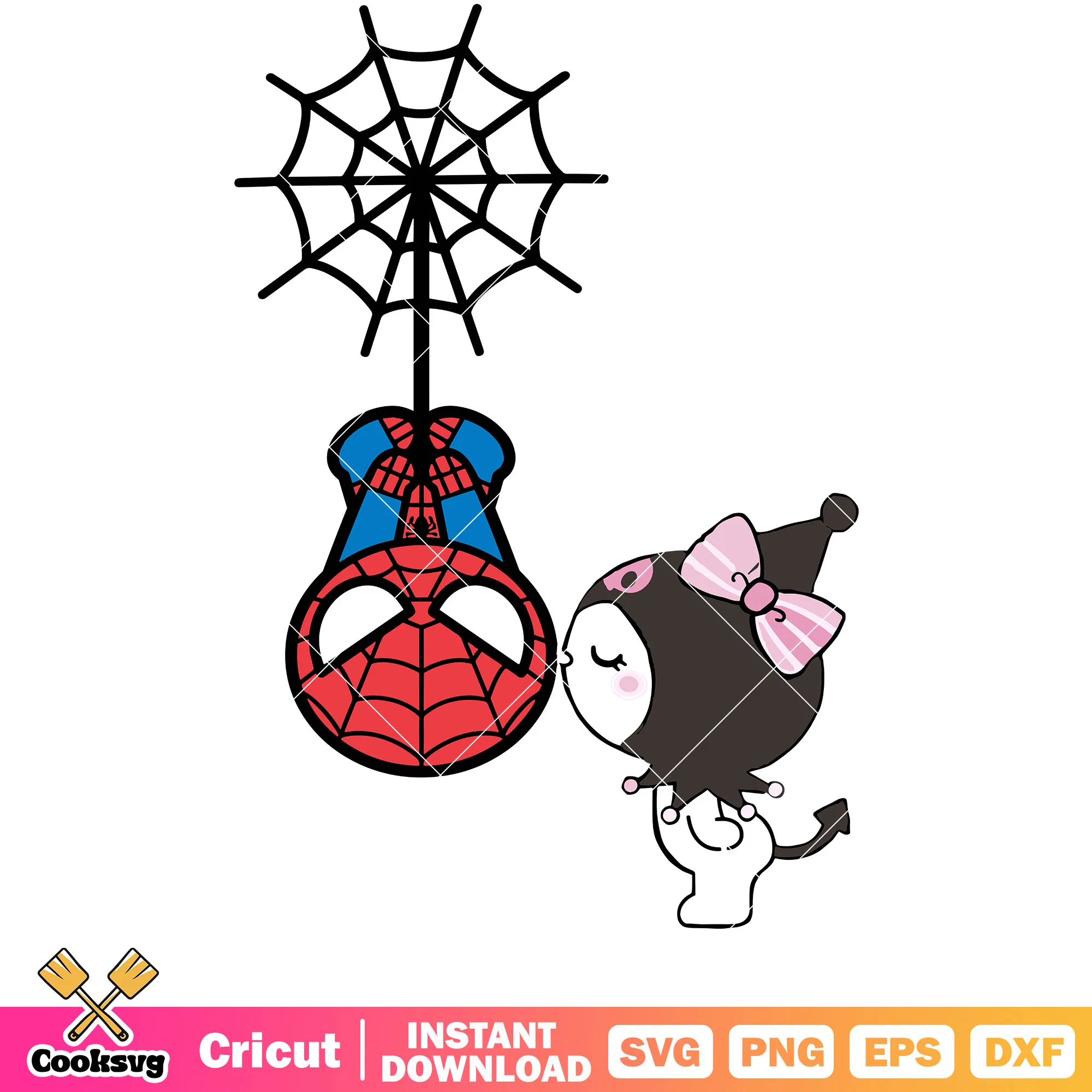kuromi kissing spider man svg, hello kitty svg, sanrio svg
