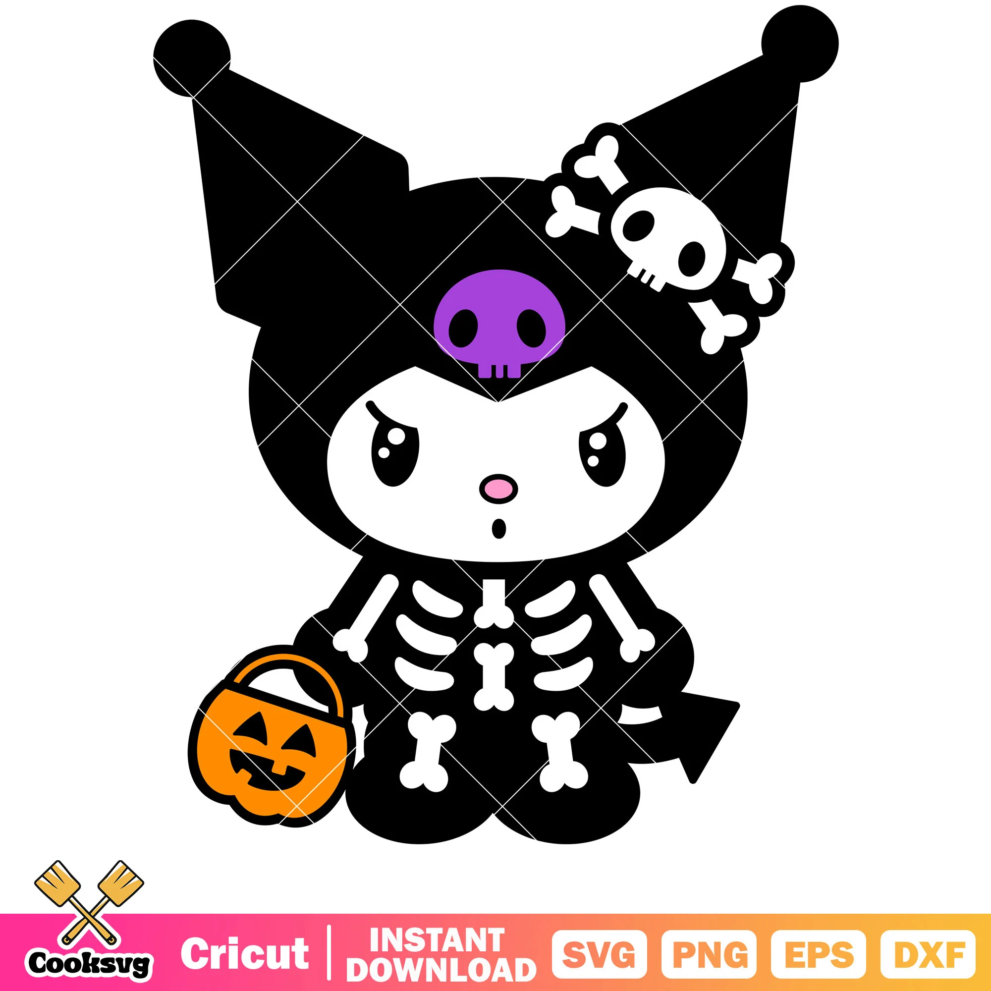 Kuromi skeleton halloween svg, sanrio cartoon svg, halloween hello kitty svg
