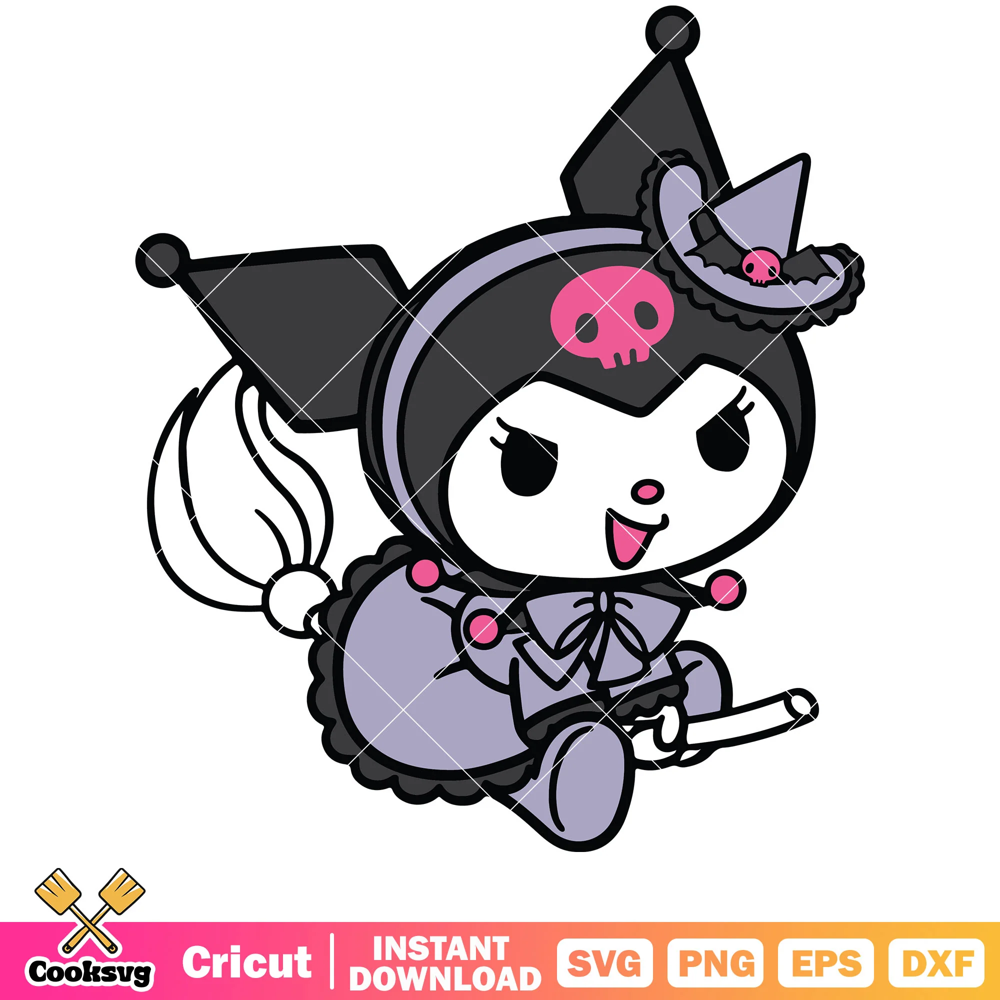 Kuromi witch flying halloween svg, halloween hello kitty svg