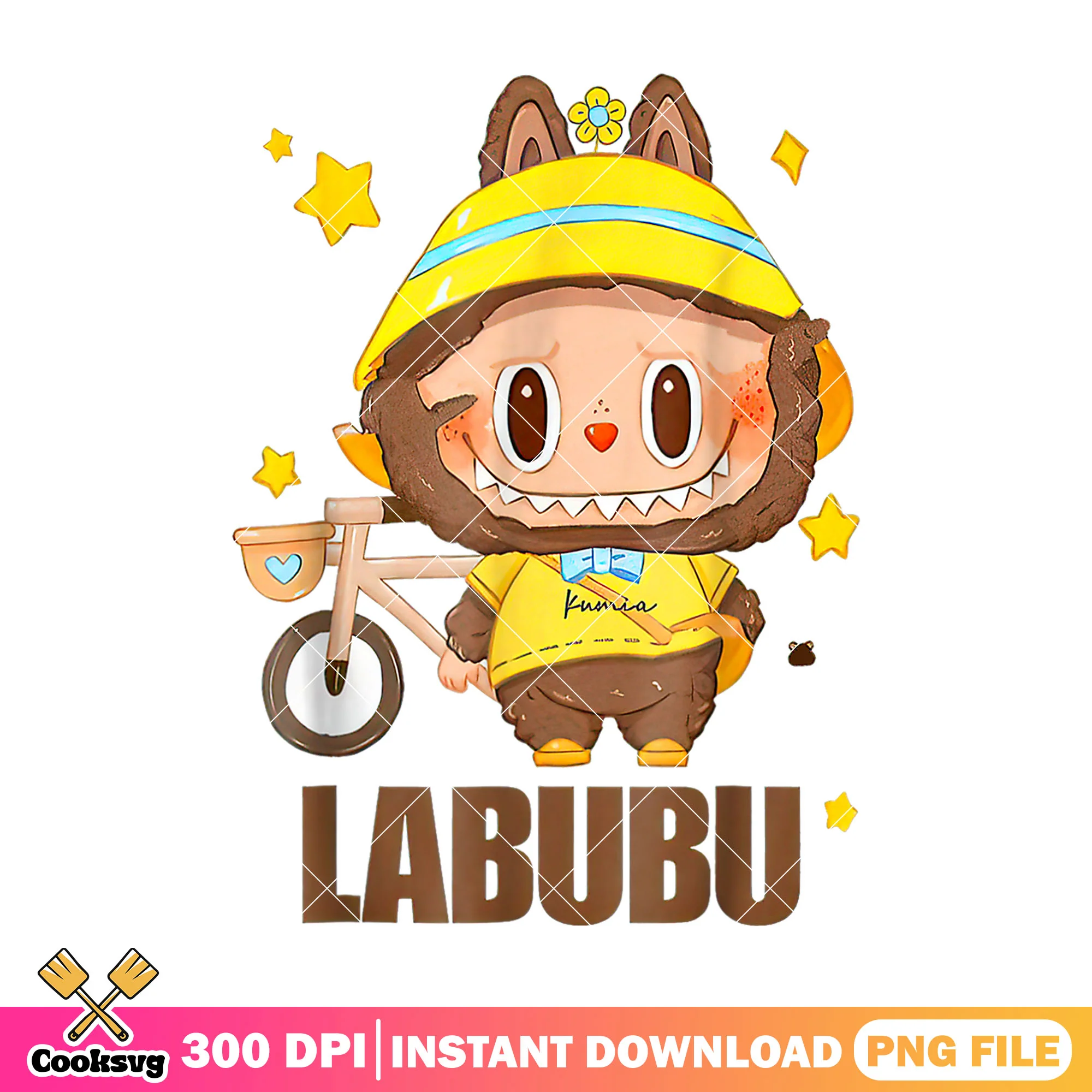 Labubu and bicycle cute png, labubu dolls png, popmart labubu png