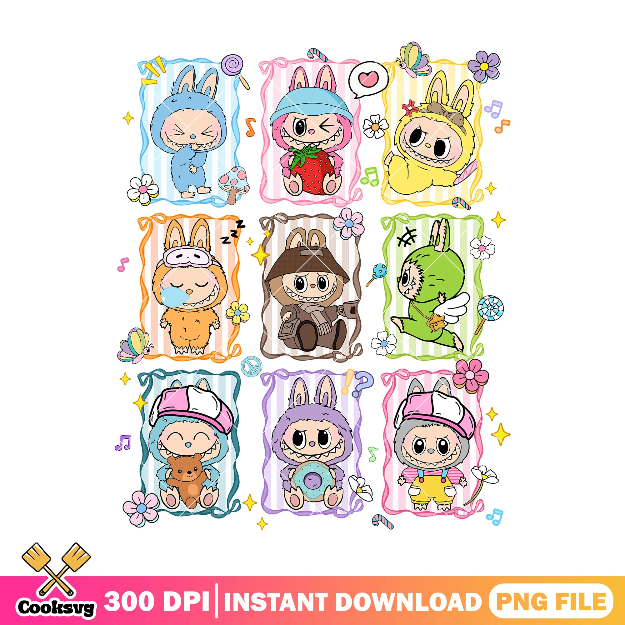 Labubu and different outfits png, labubu costume png, labubu happy png