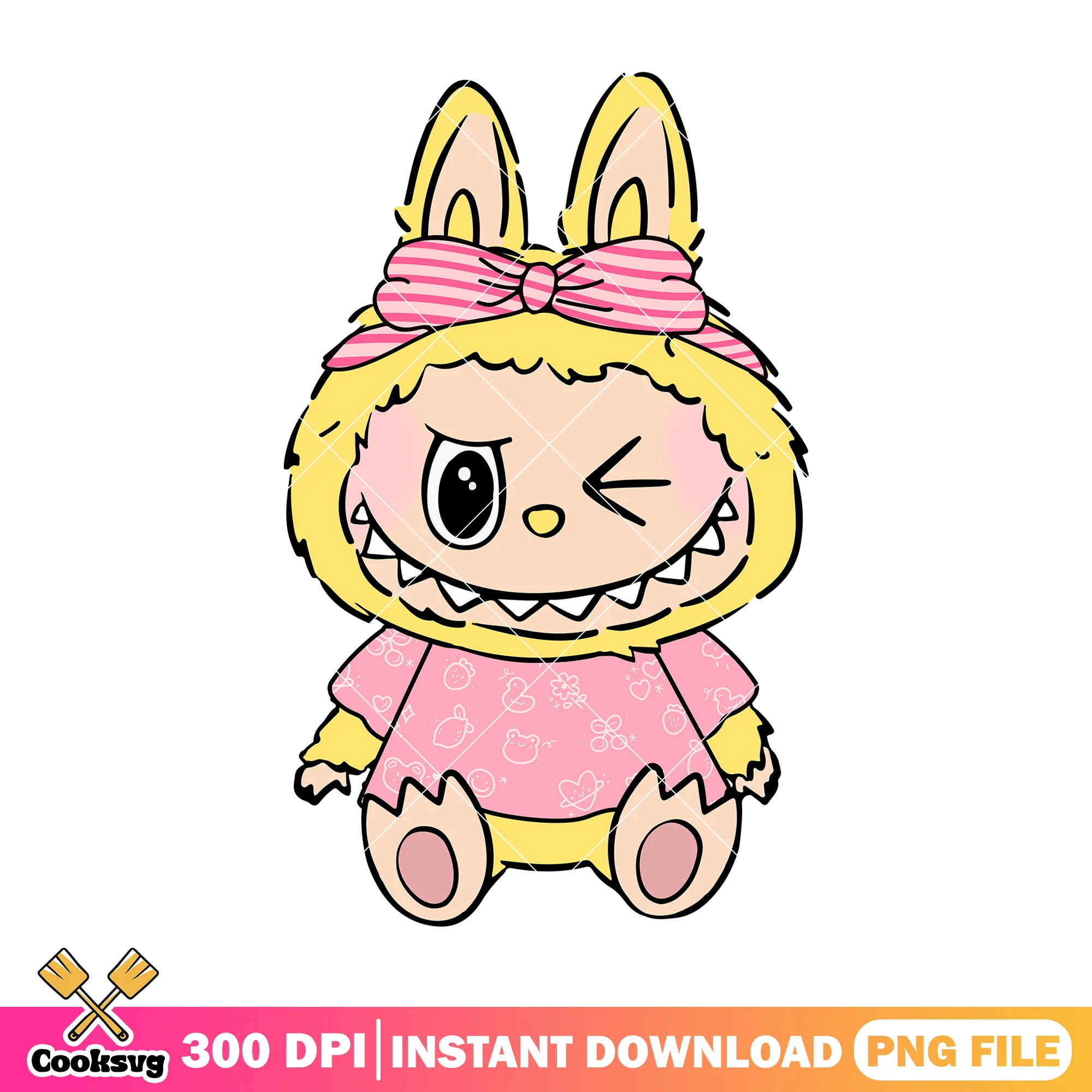 Labubu and pink outfit png, cute labubu png, labubu yellow png