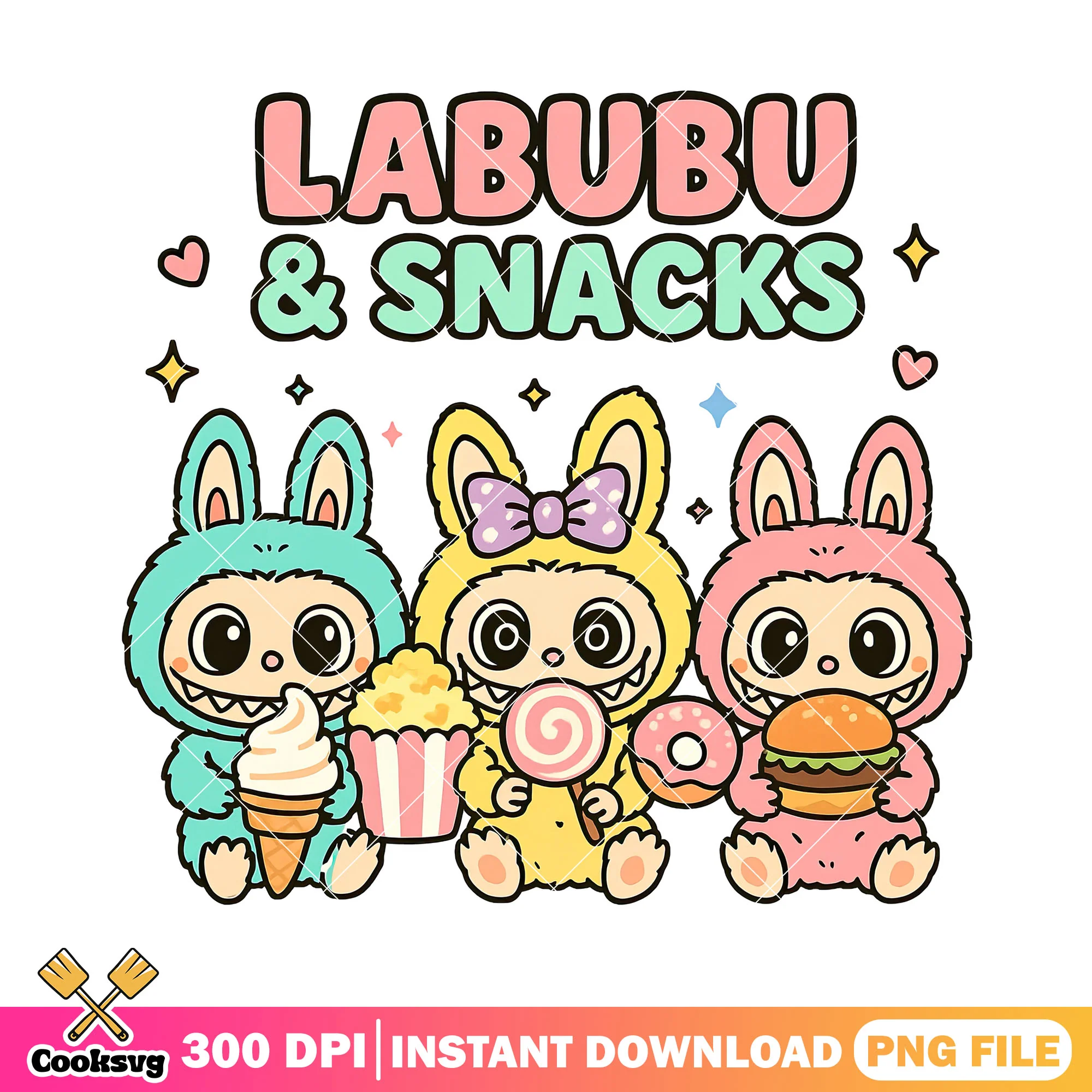 Labubu and snacks png, labubu friends png, labubu popmart png