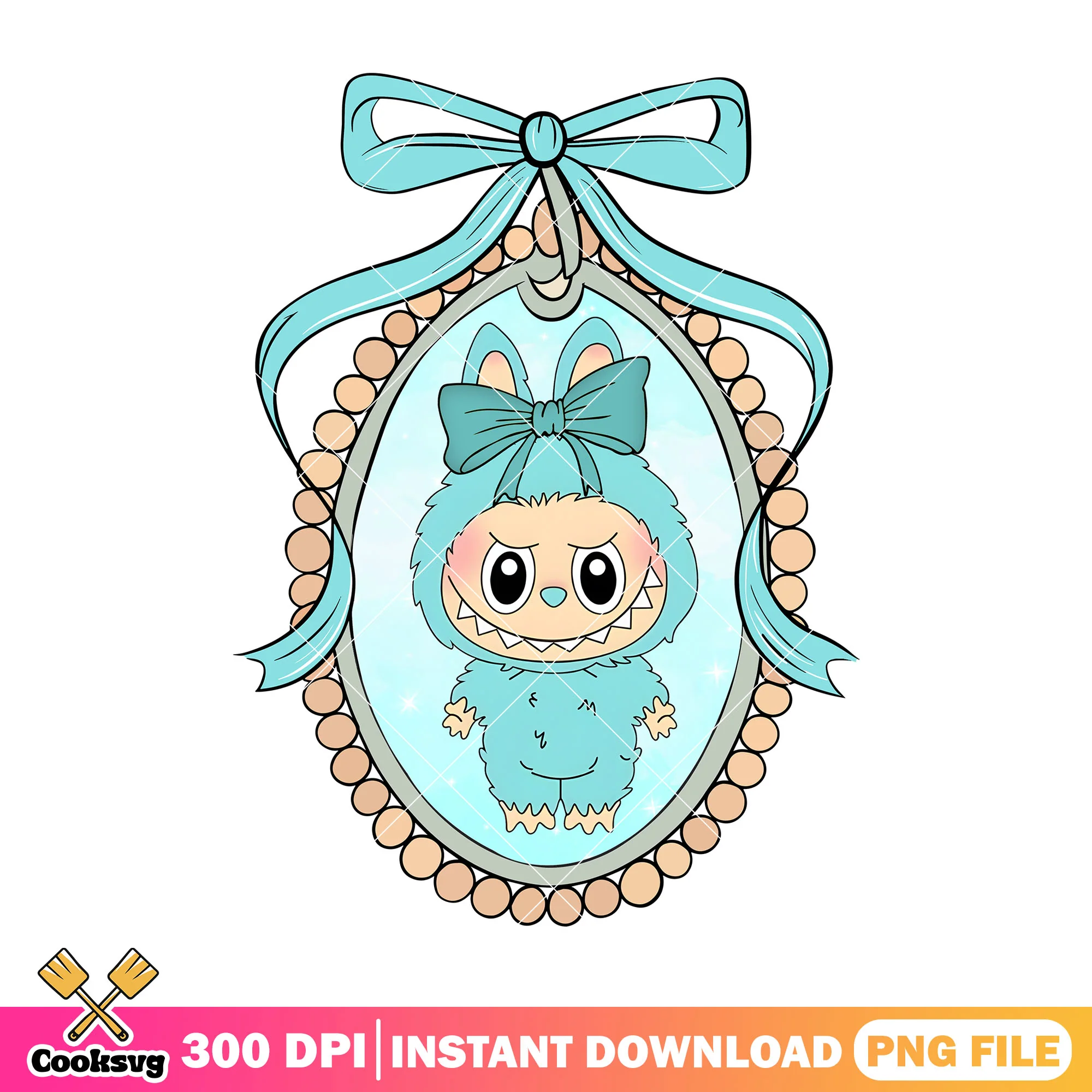 Labubu baby in oval frame png, labubu green png, labubu plush png