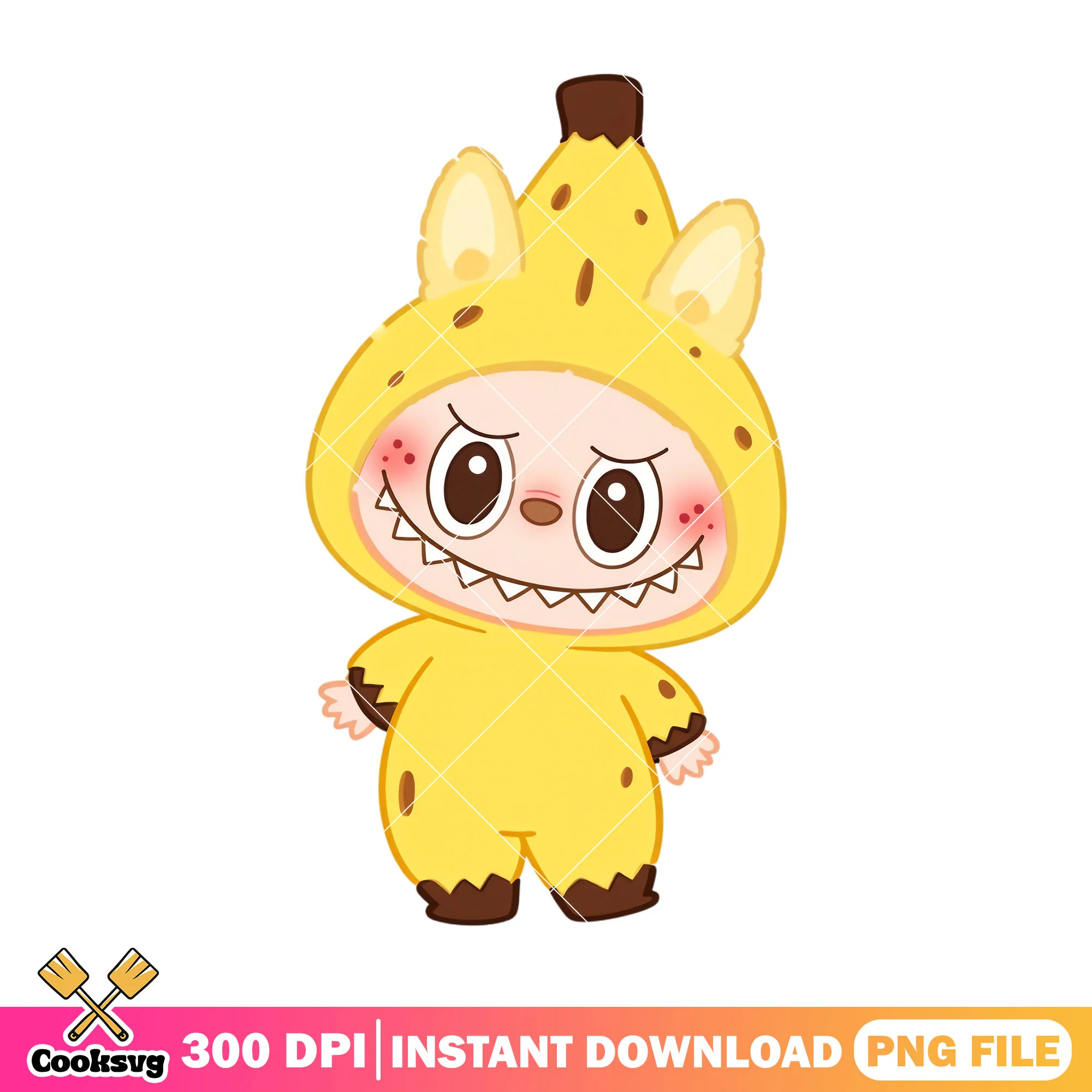 Labubu banana costume png, labubu standing png, labubu hehe png