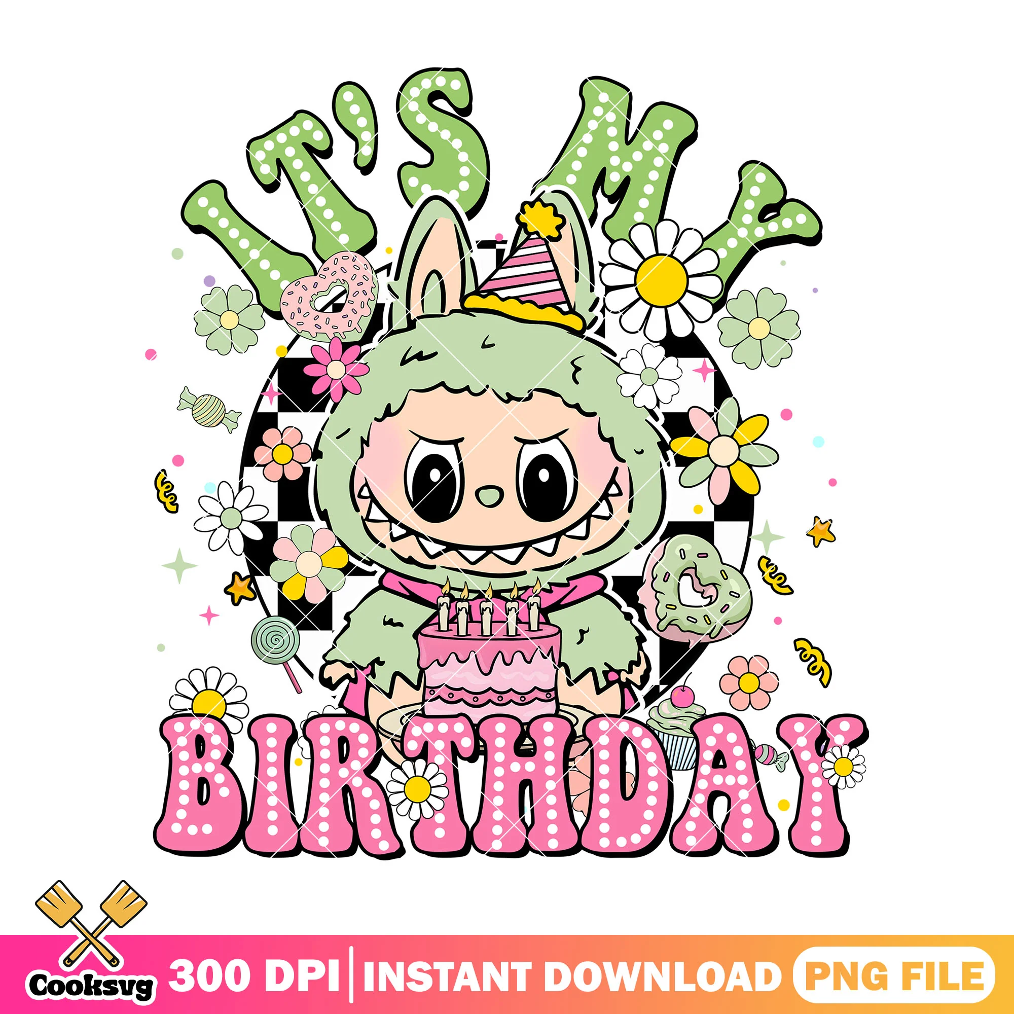 Labubu birthday png, green labubu png, labubu plush png