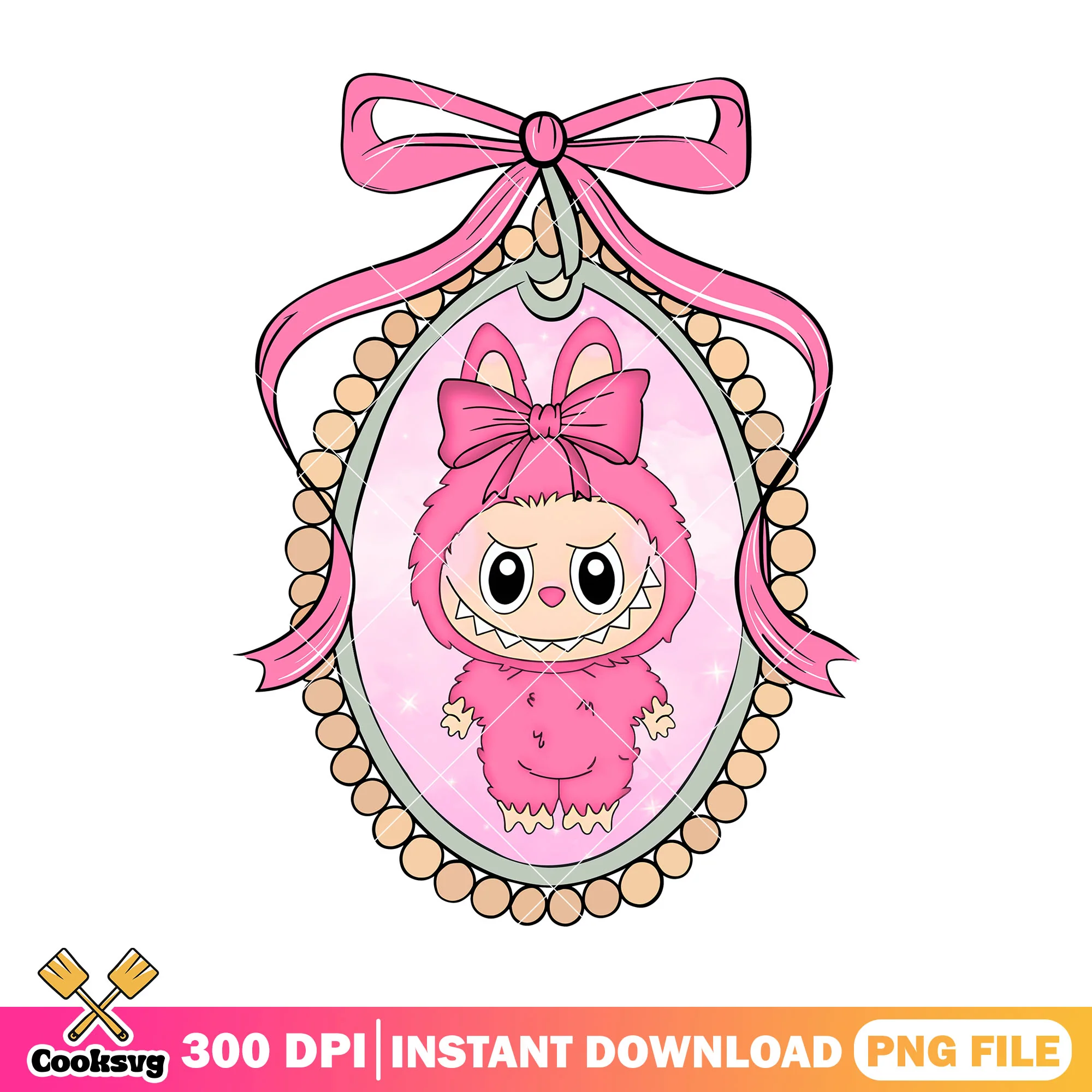 Labubu bunny costume in oval frame png, labubu pink png, labubu girl png