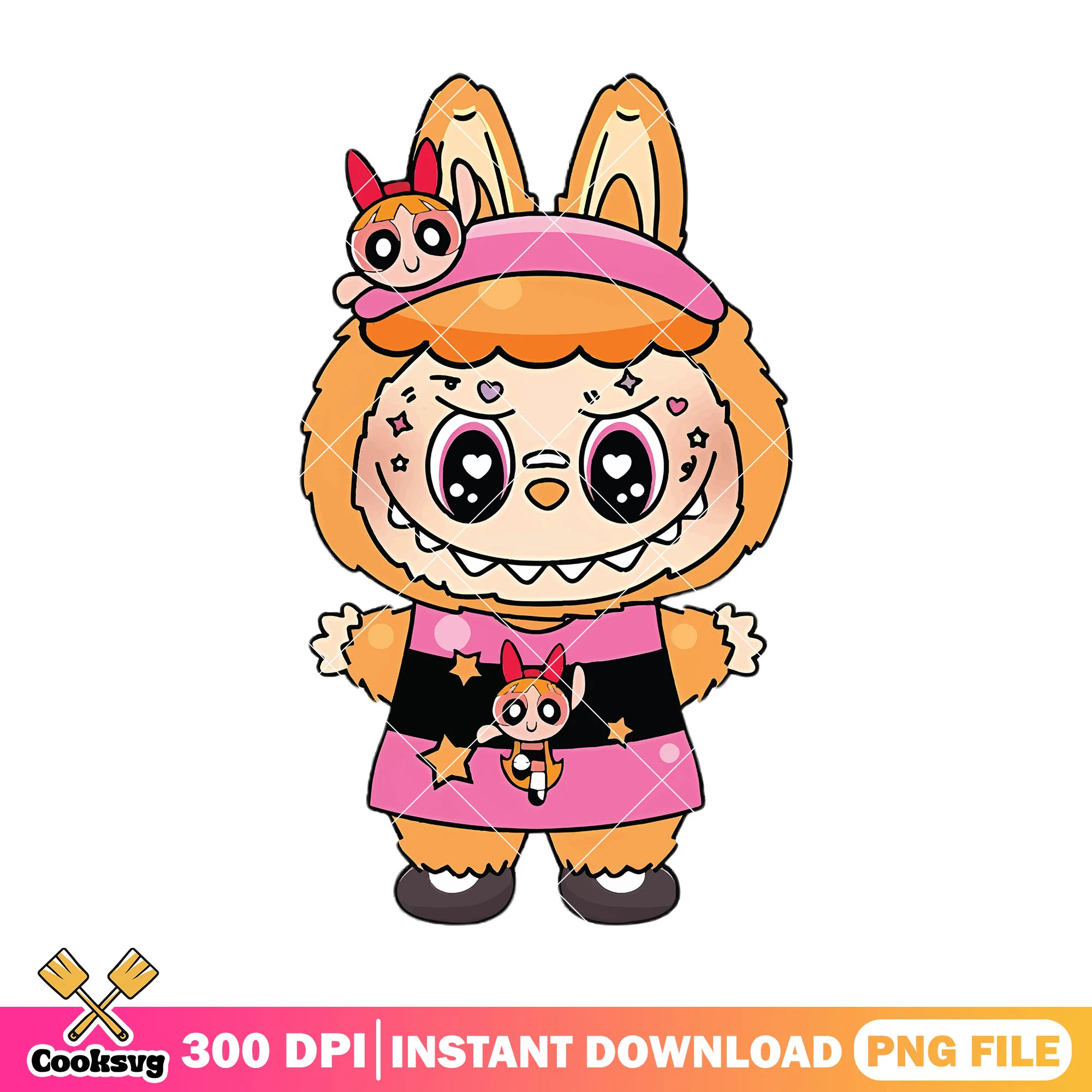 Labubu cosplay blossom png, labubu monster png, labubu orange png