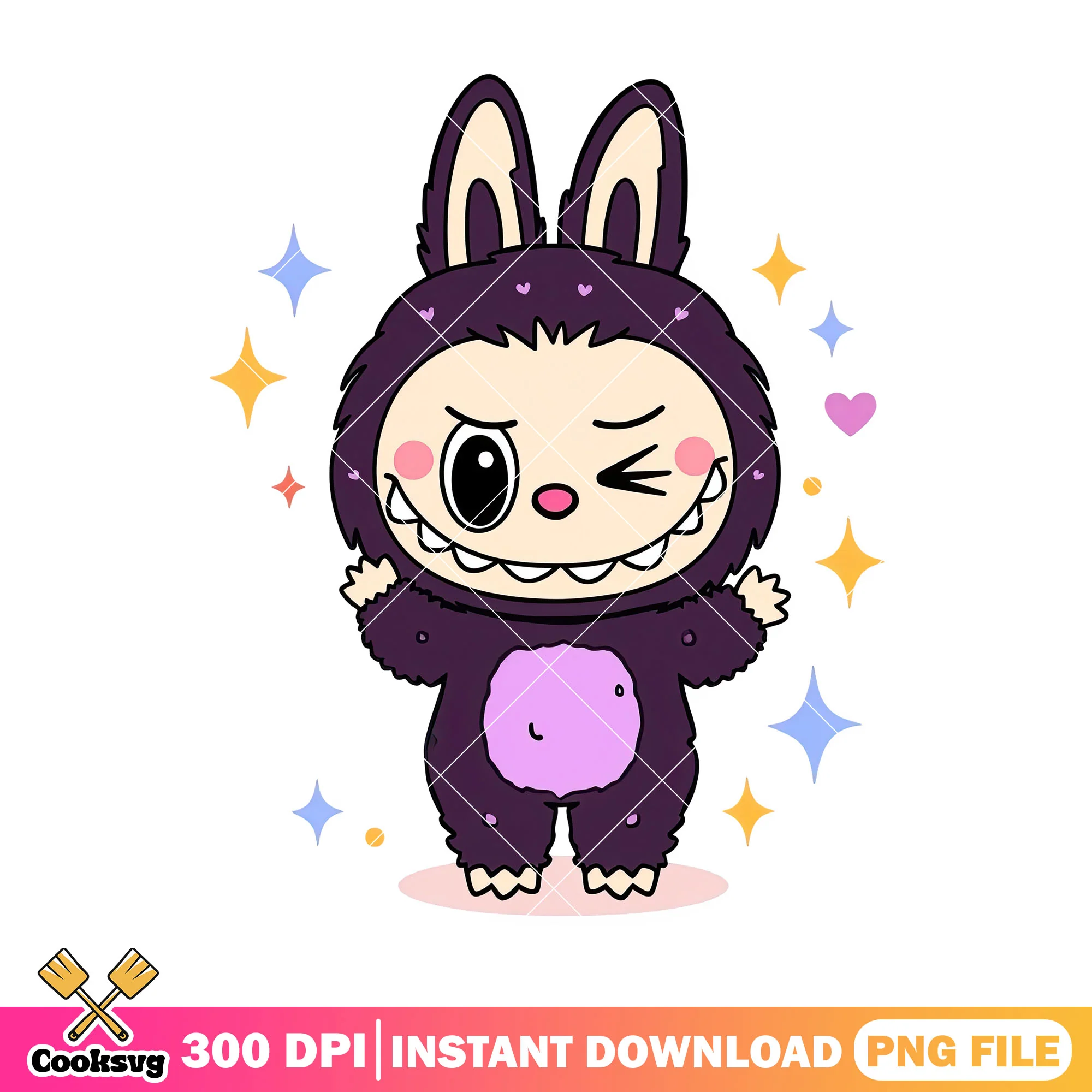 Labubu dark purple png, labubu standing png, labubu happy png