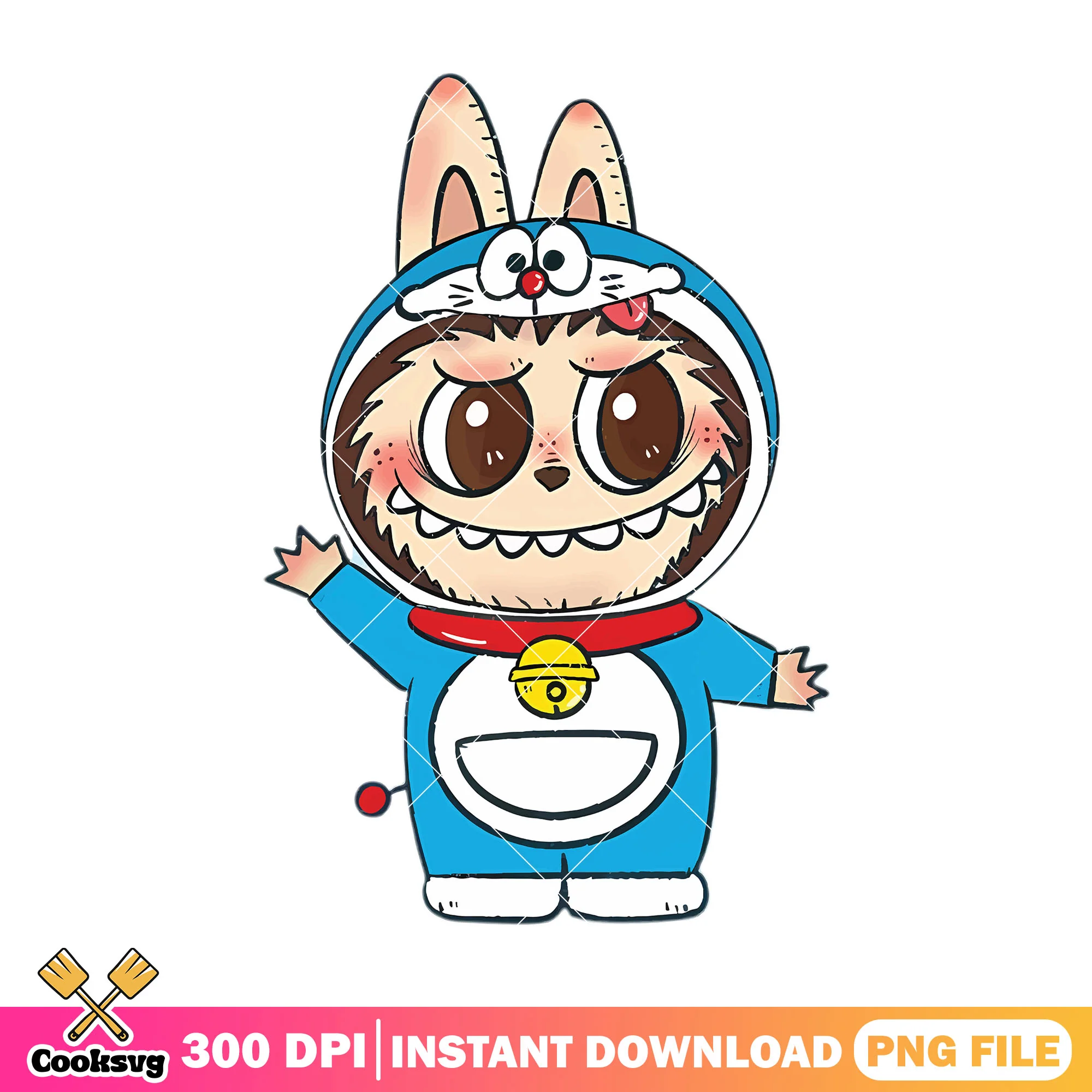 Labubu doraemon costume png, labubu outfit png, labubu cartoon png