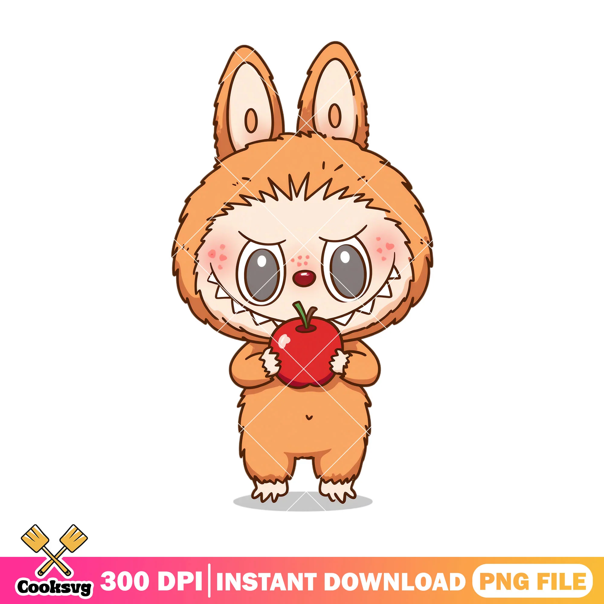 Labubu eating apple png, labubu orange png, labubu standing png