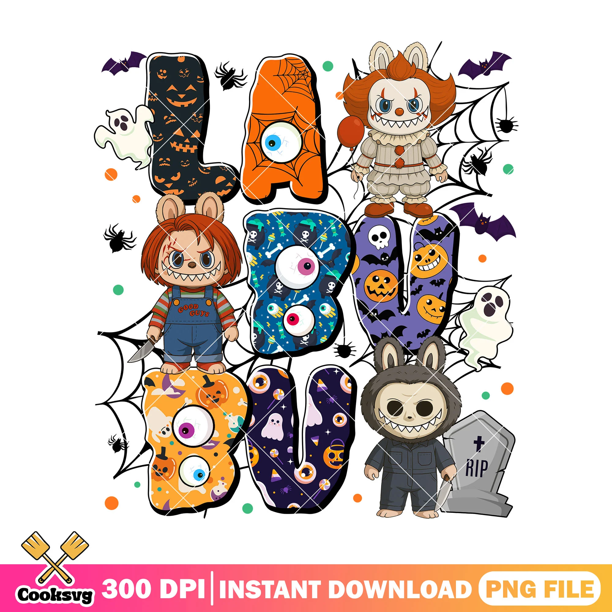Labubu friends halloween png, labubu dolls png, scary doll png