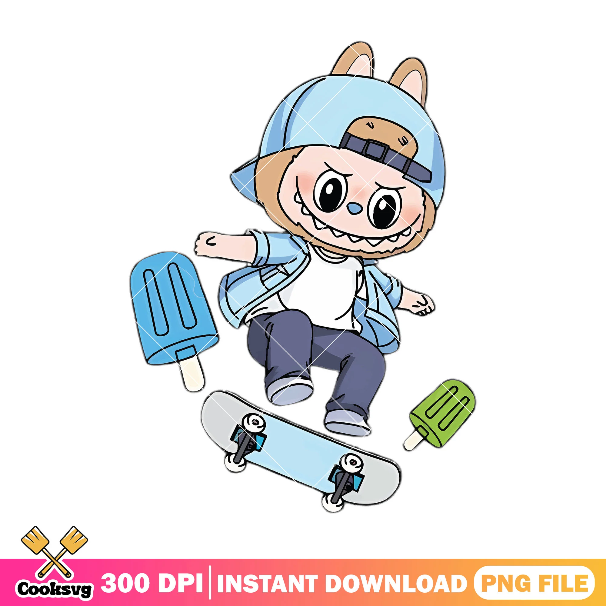 Labubu go skateboarding png, labubu outfit png, labubu happy png