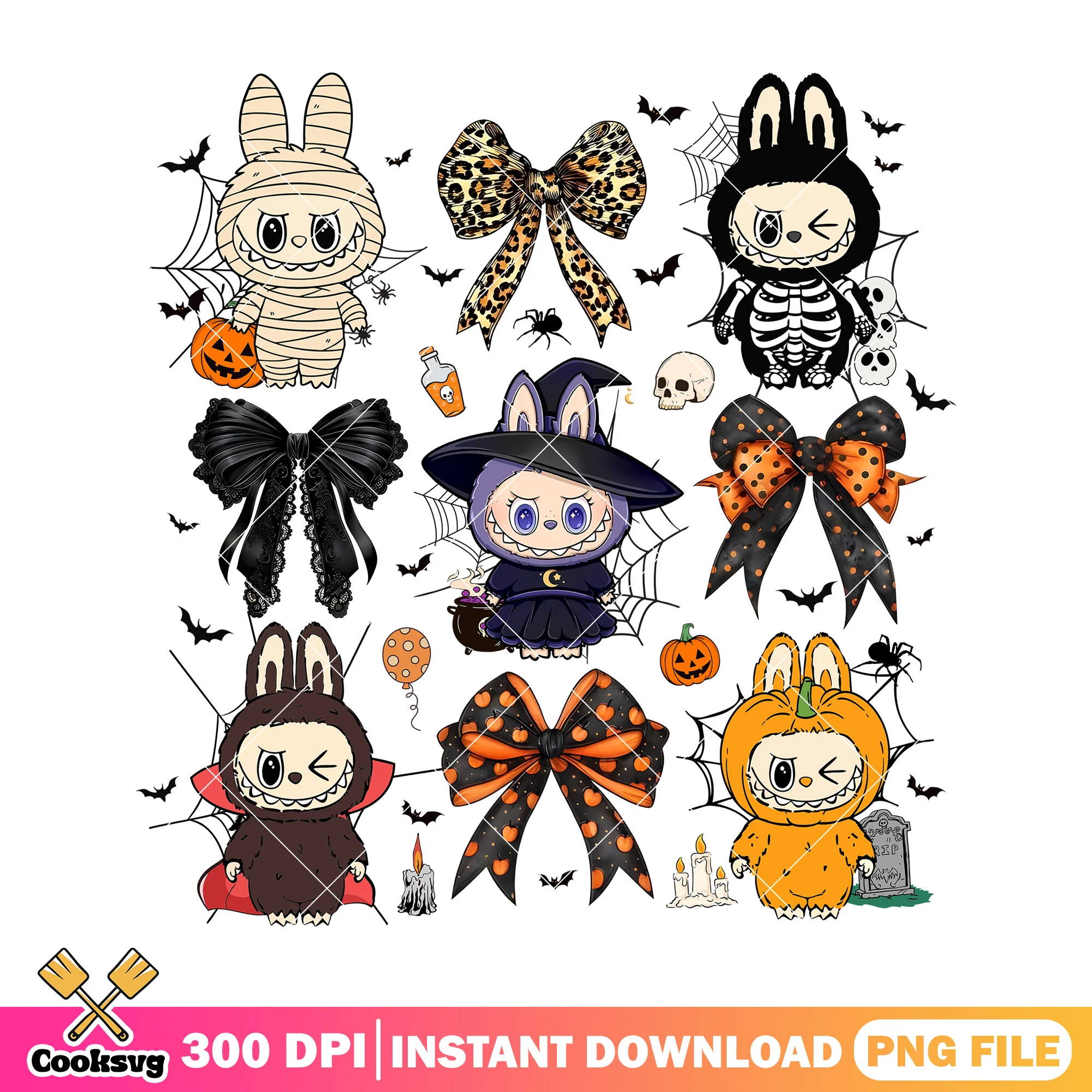 Labubu halloween creepy bows png, scary dolls png, labubu dolls png