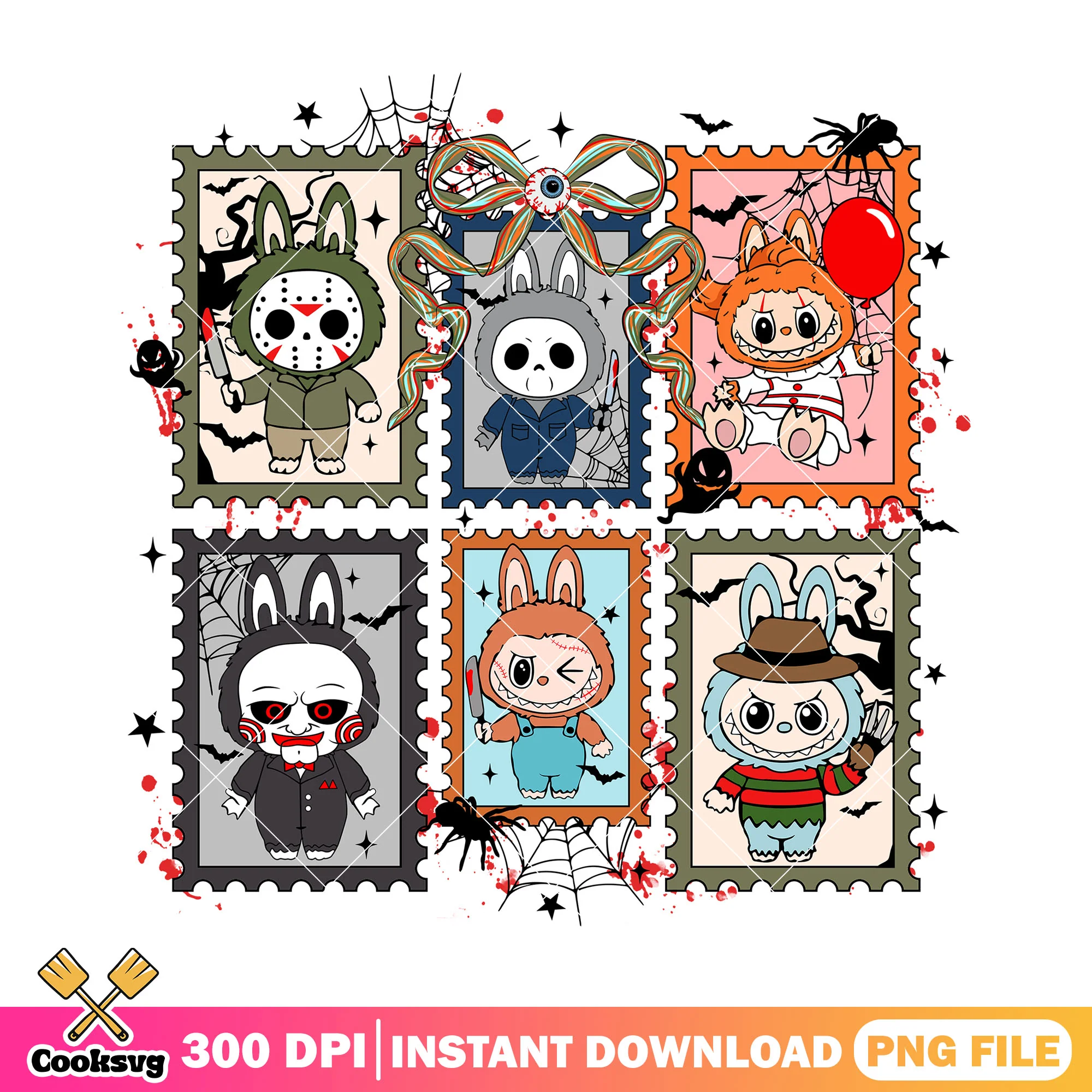 Labubu halloween stamp png, labubu dolls png, labubu halloween png