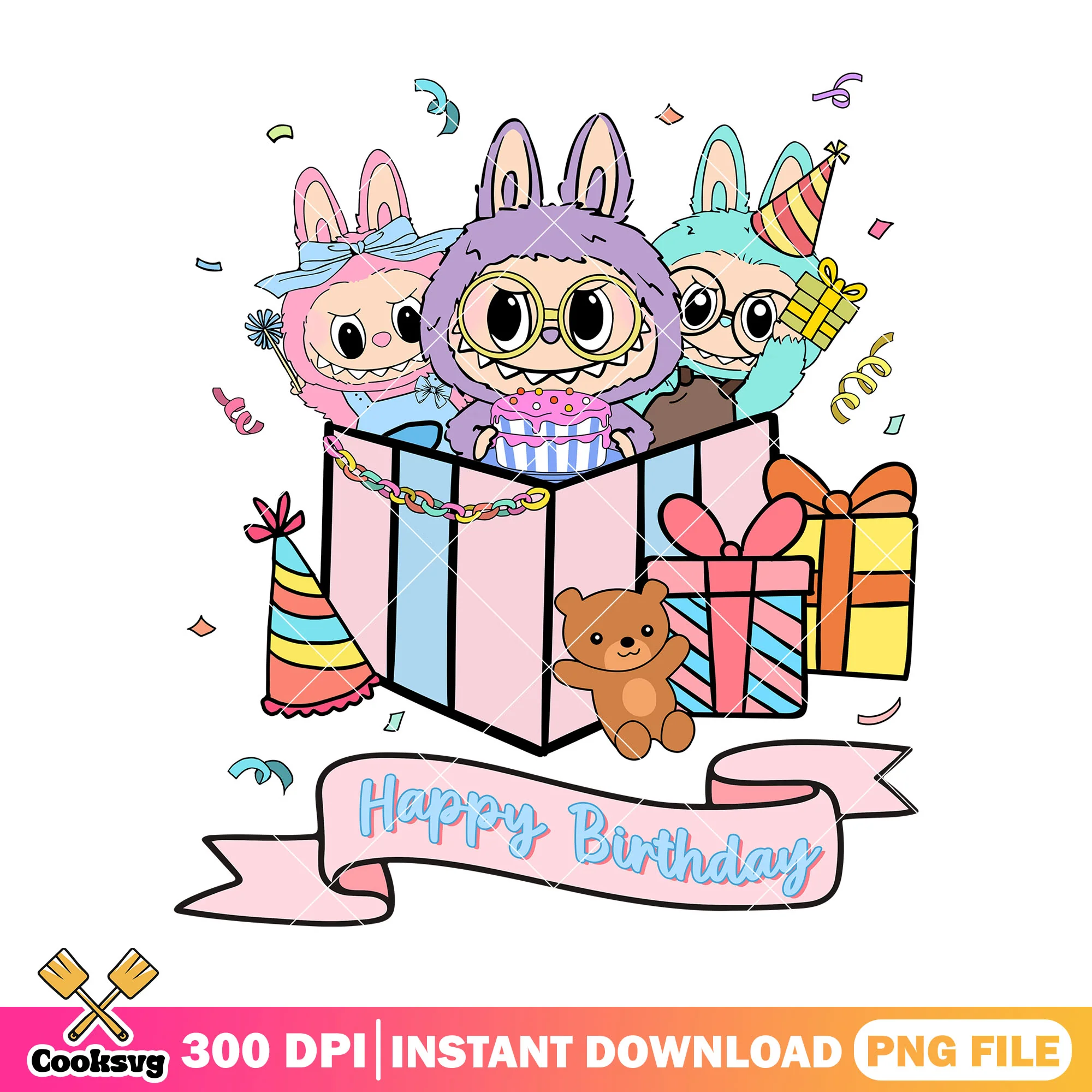 Labubu happy birthday png, purple bf png, labubu happy png